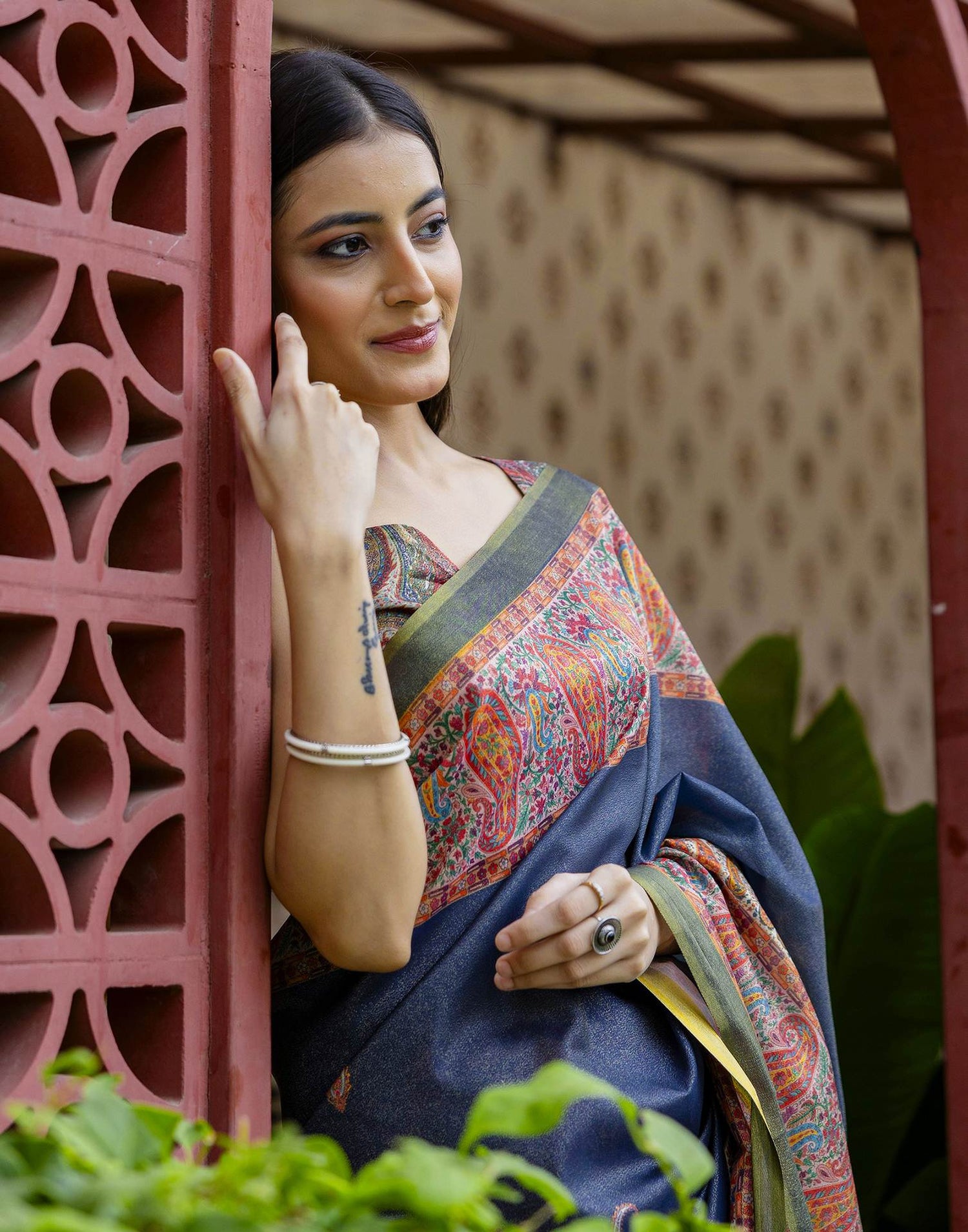 Navy Blue Shimmer Silk Printed Saree