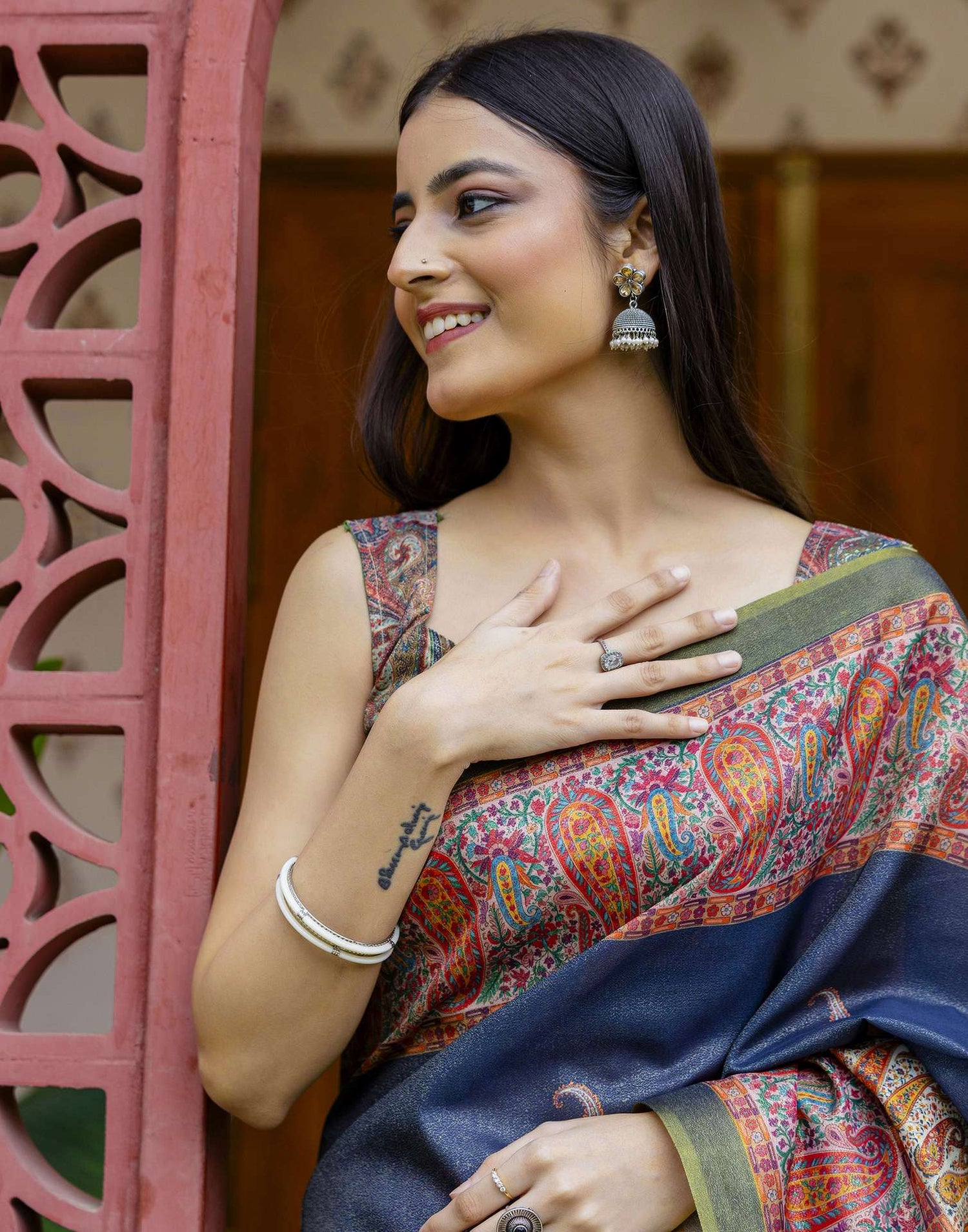 Navy Blue Shimmer Silk Printed Saree