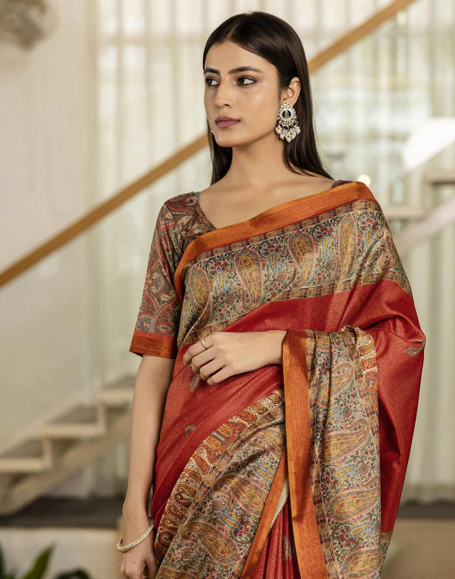 Red Shimmer Silk Printed Saree