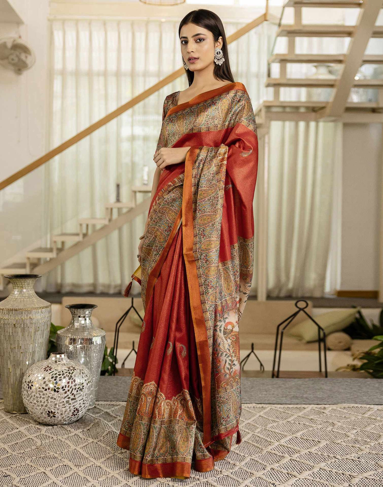 Red Shimmer Silk Printed Saree