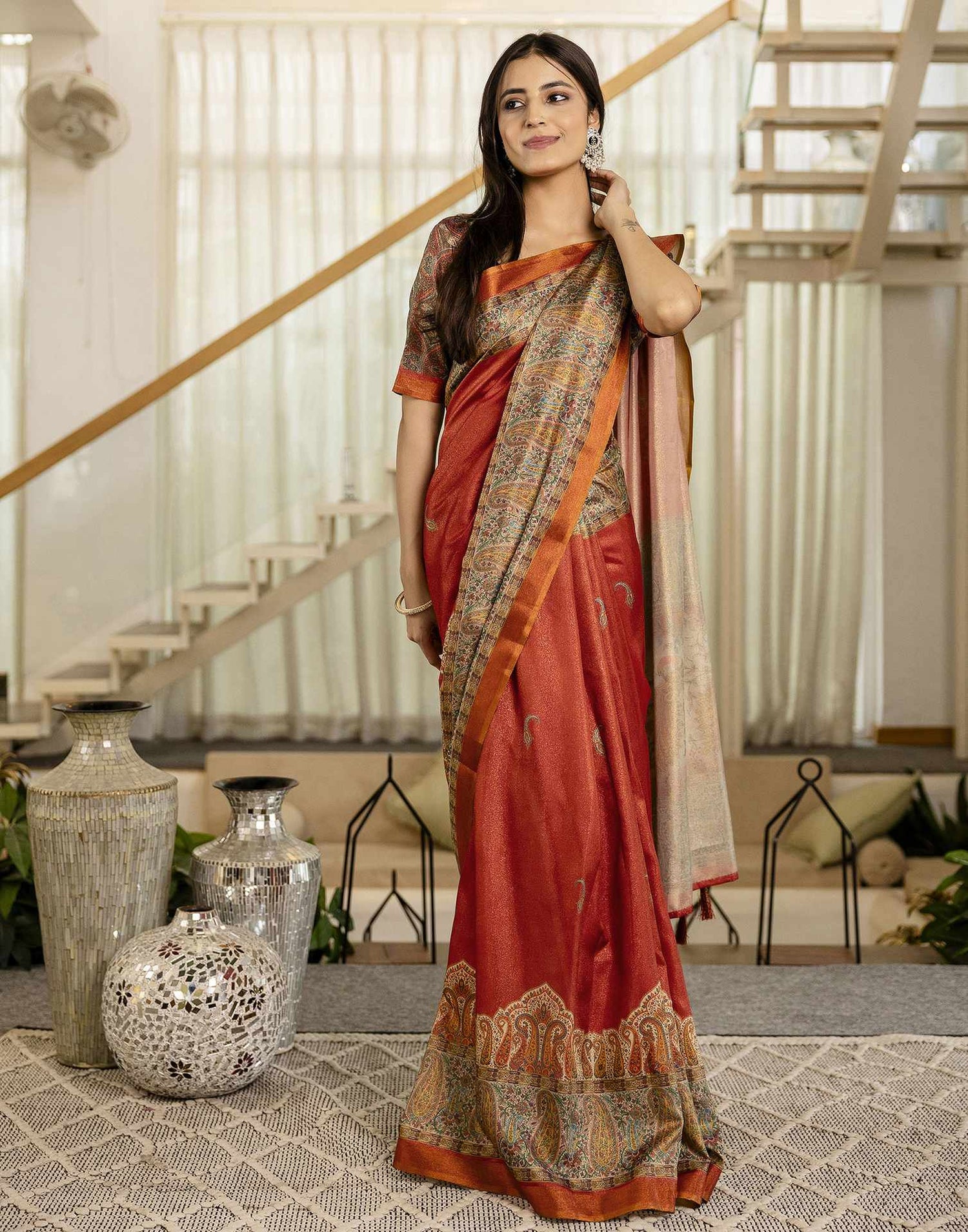 Red Shimmer Silk Printed Saree