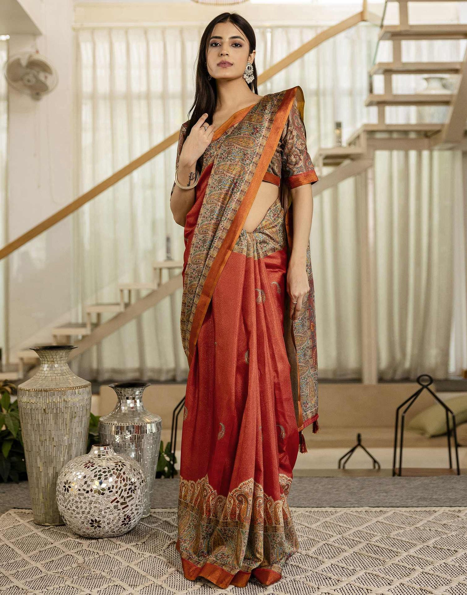 Red Shimmer Silk Printed Saree