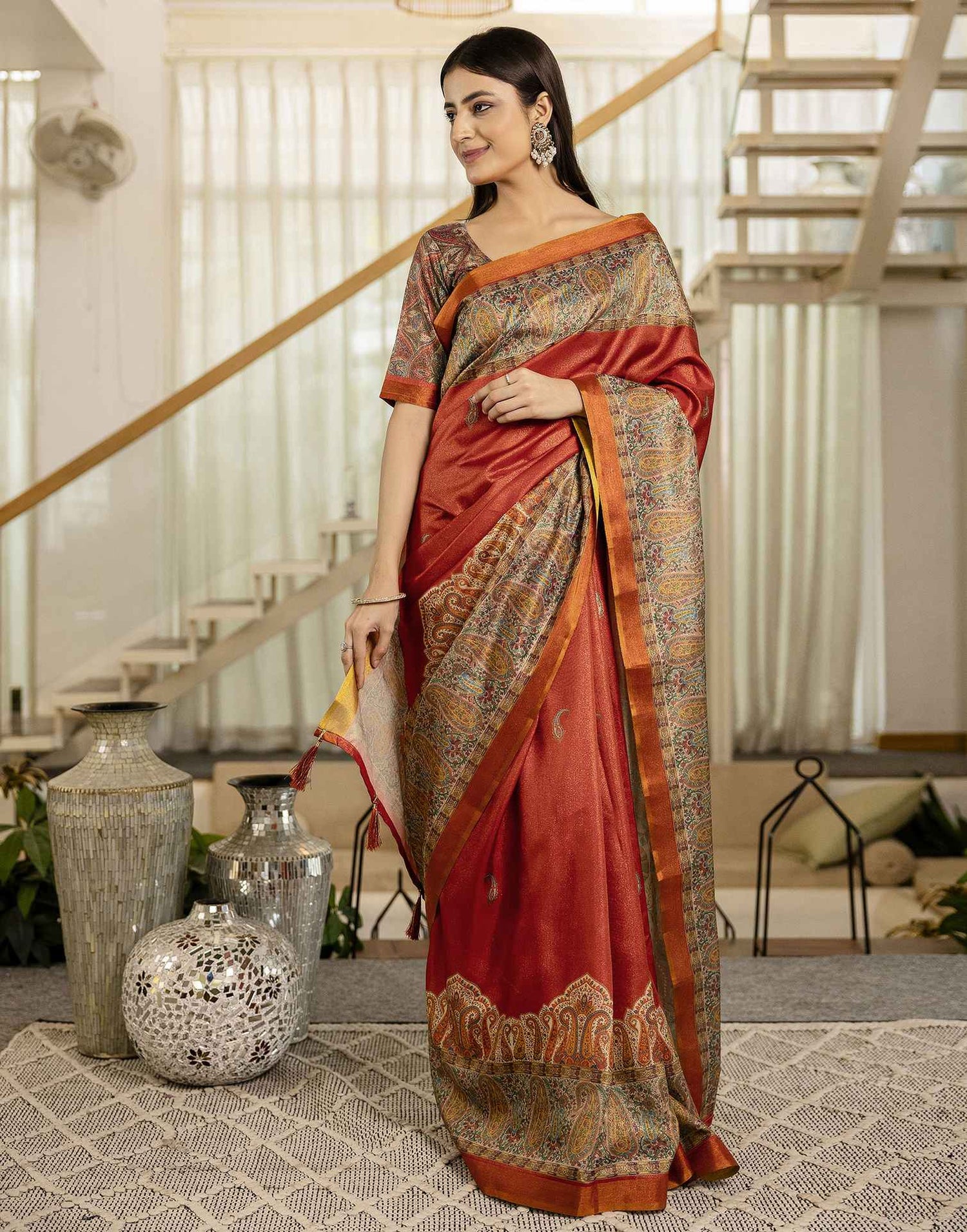 Red Shimmer Silk Printed Saree
