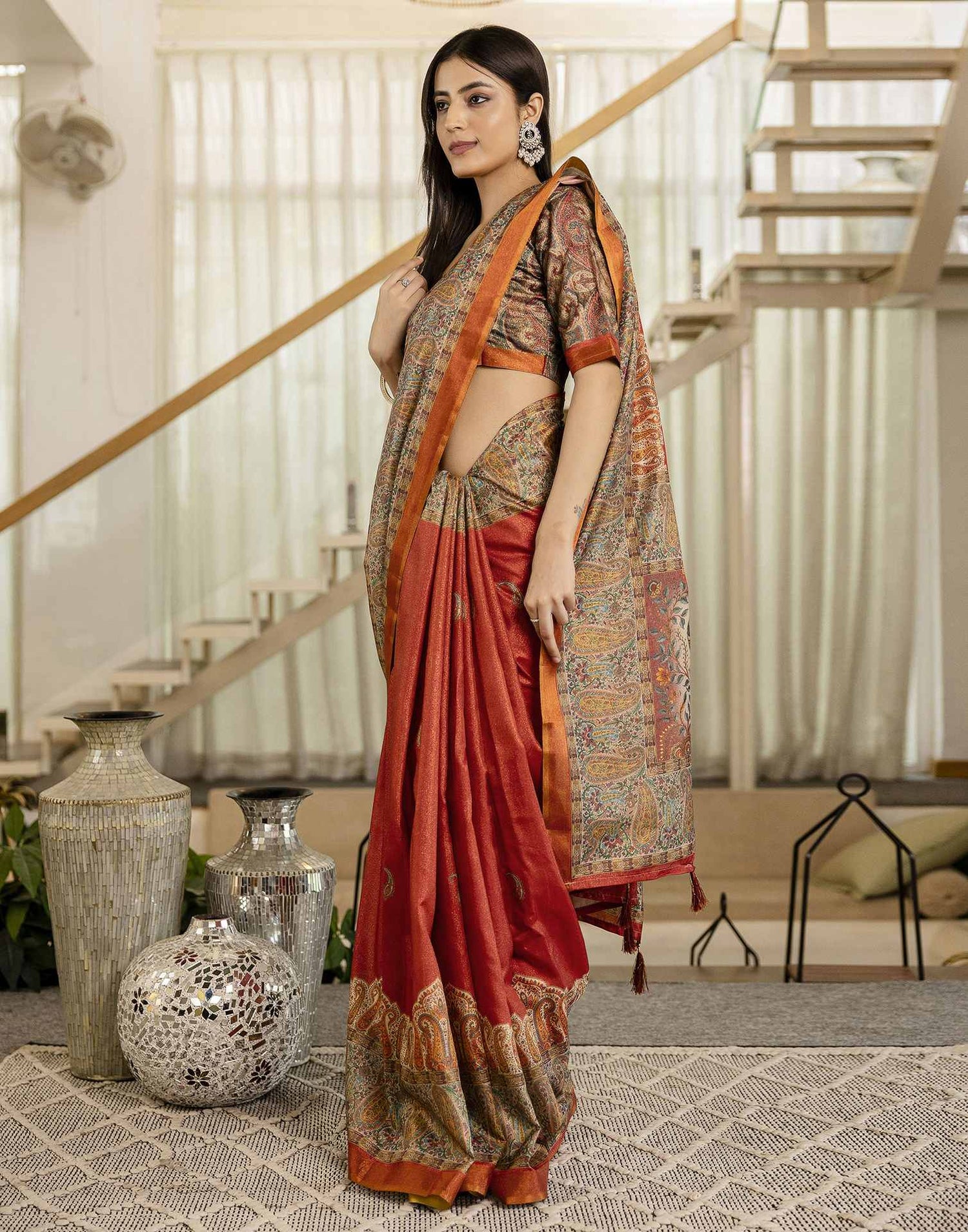 Red Shimmer Silk Printed Saree