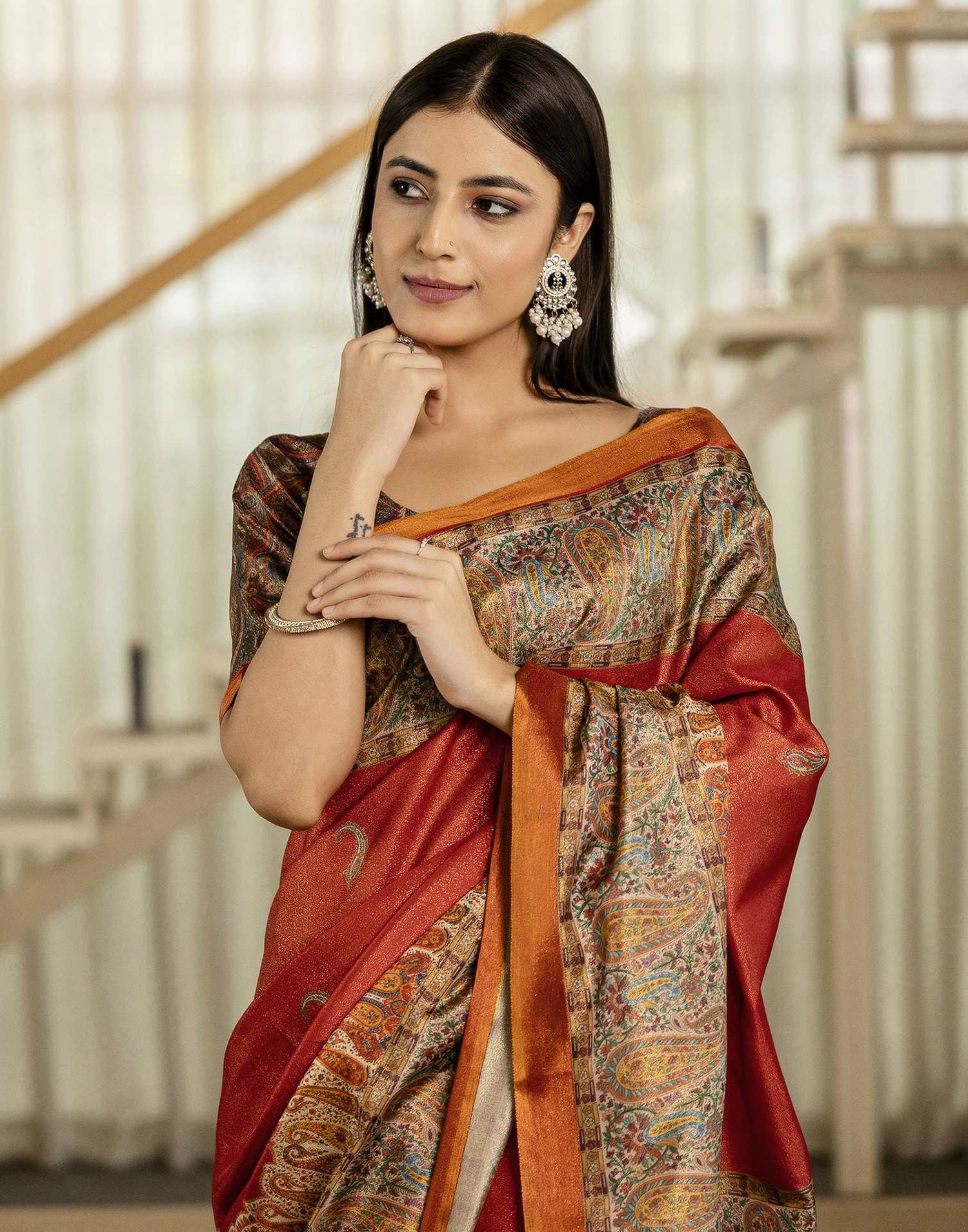 Red Shimmer Silk Printed Saree