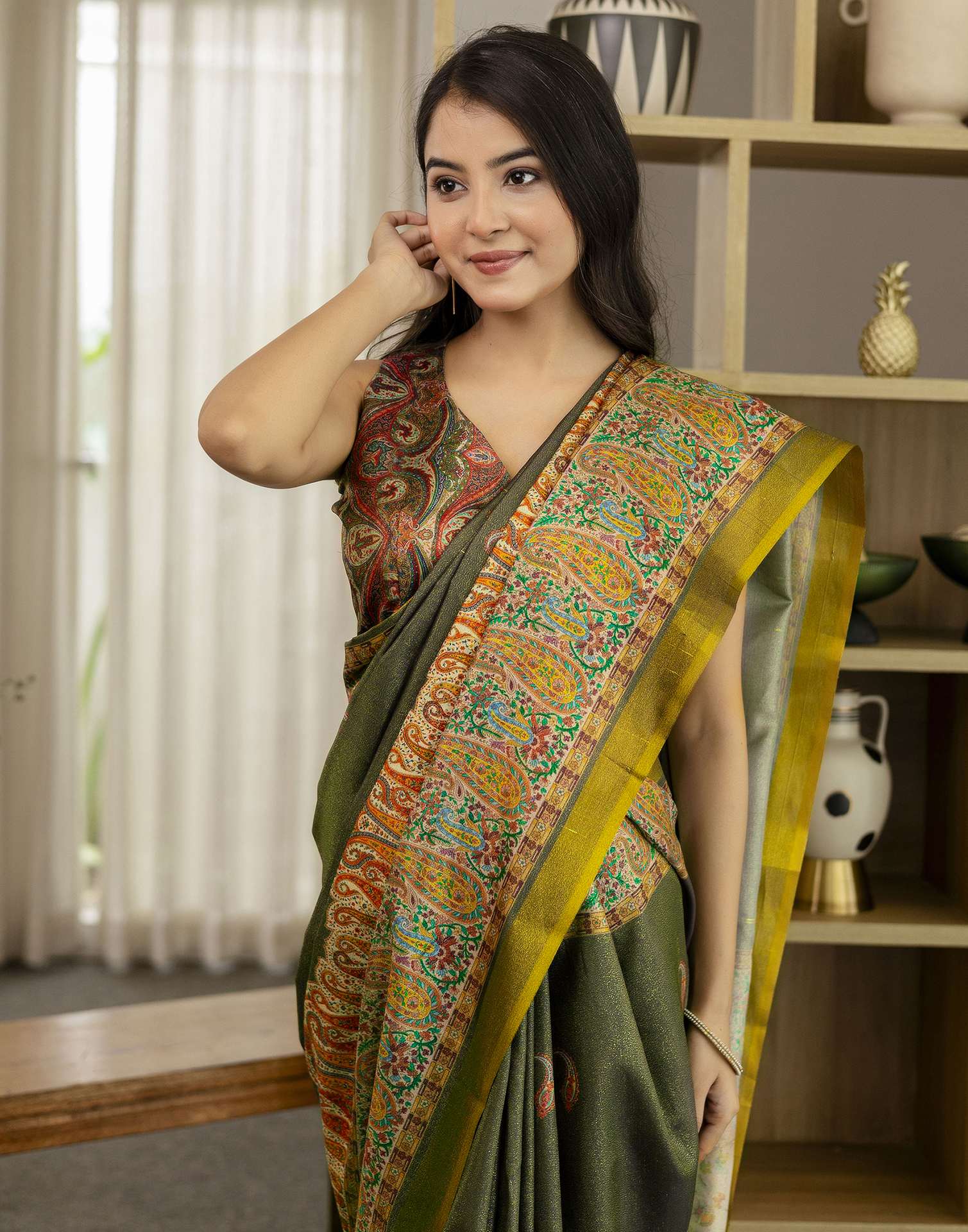 Dark Grey Shimmer Silk Printed Saree