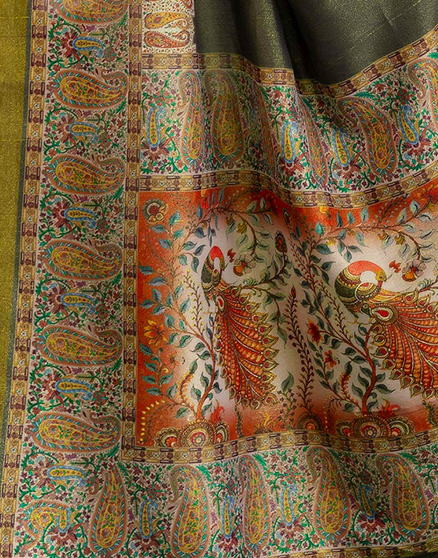 Dark Grey Shimmer Silk Printed Saree
