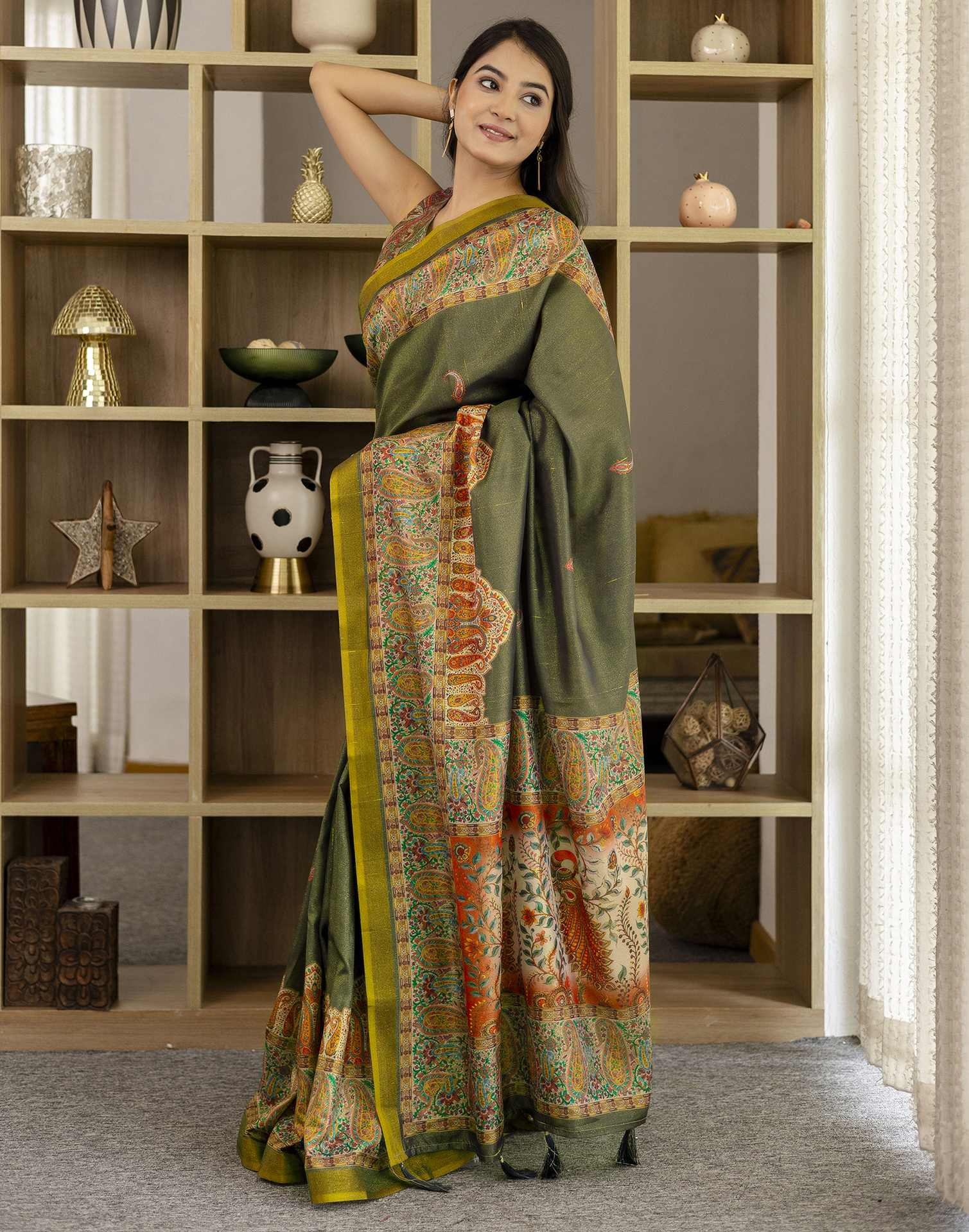 Dark Grey Shimmer Silk Printed Saree