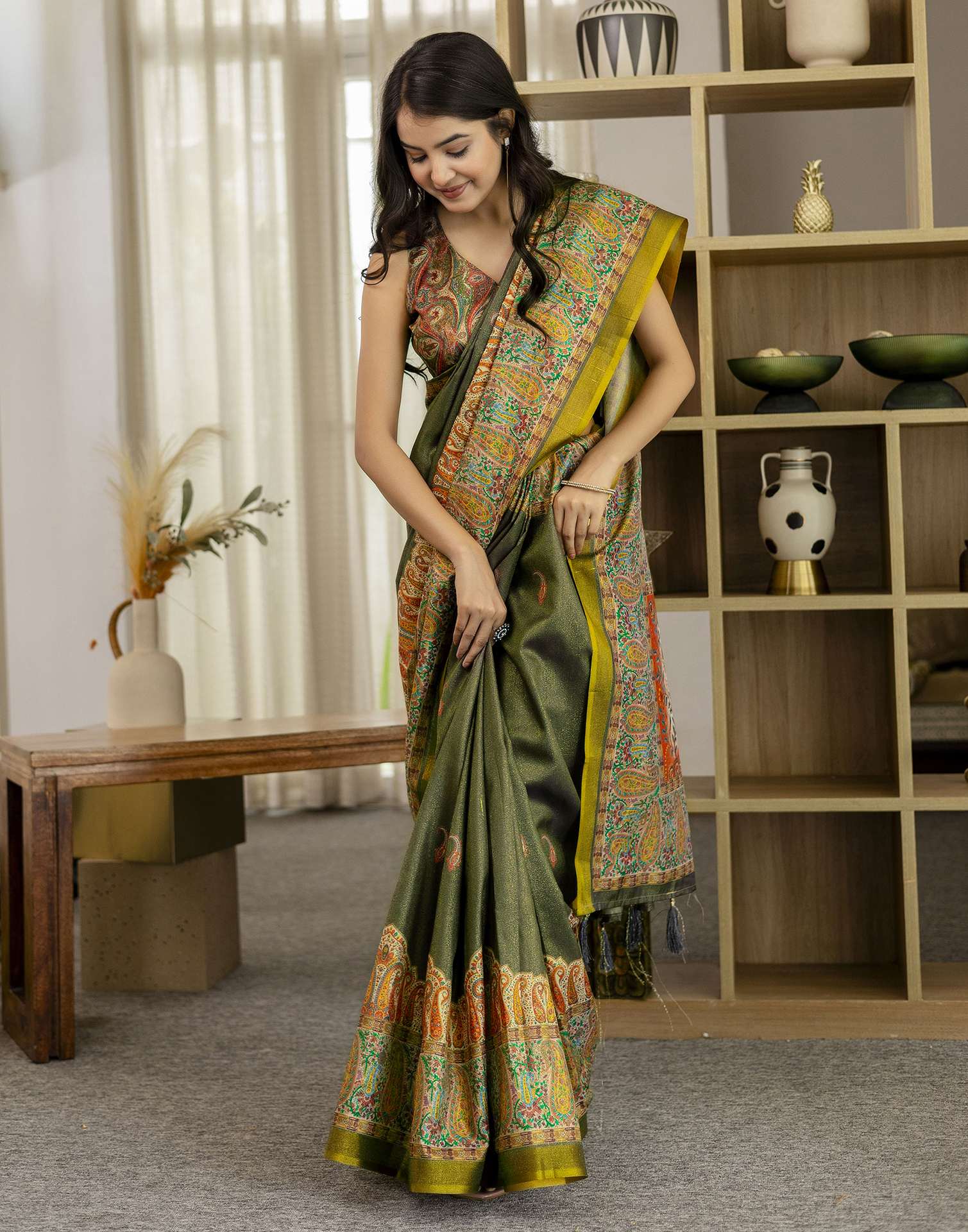 Dark Grey Shimmer Silk Printed Saree