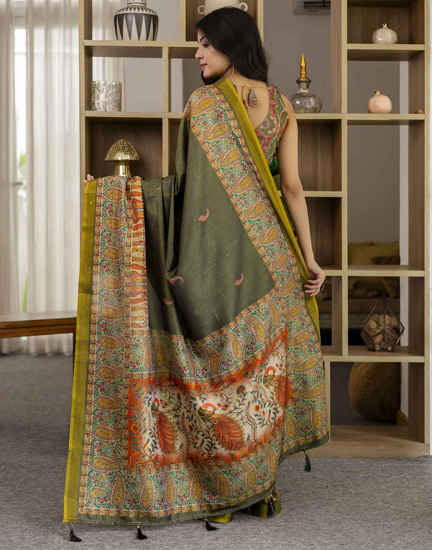 Dark Grey Shimmer Silk Printed Saree