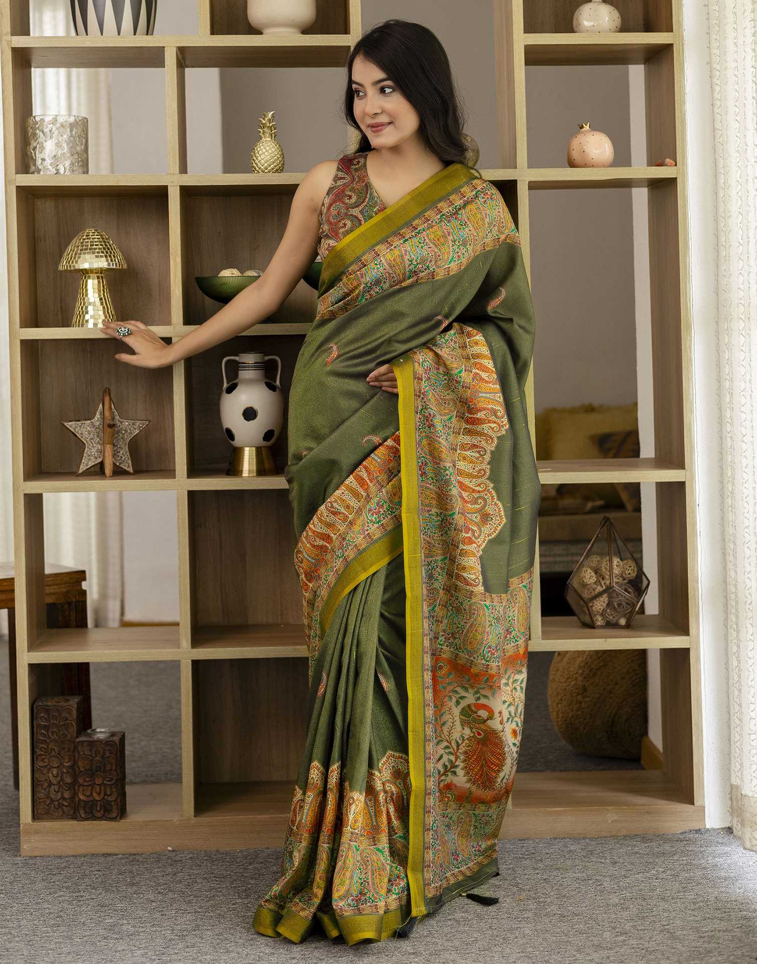 Dark Grey Shimmer Silk Printed Saree