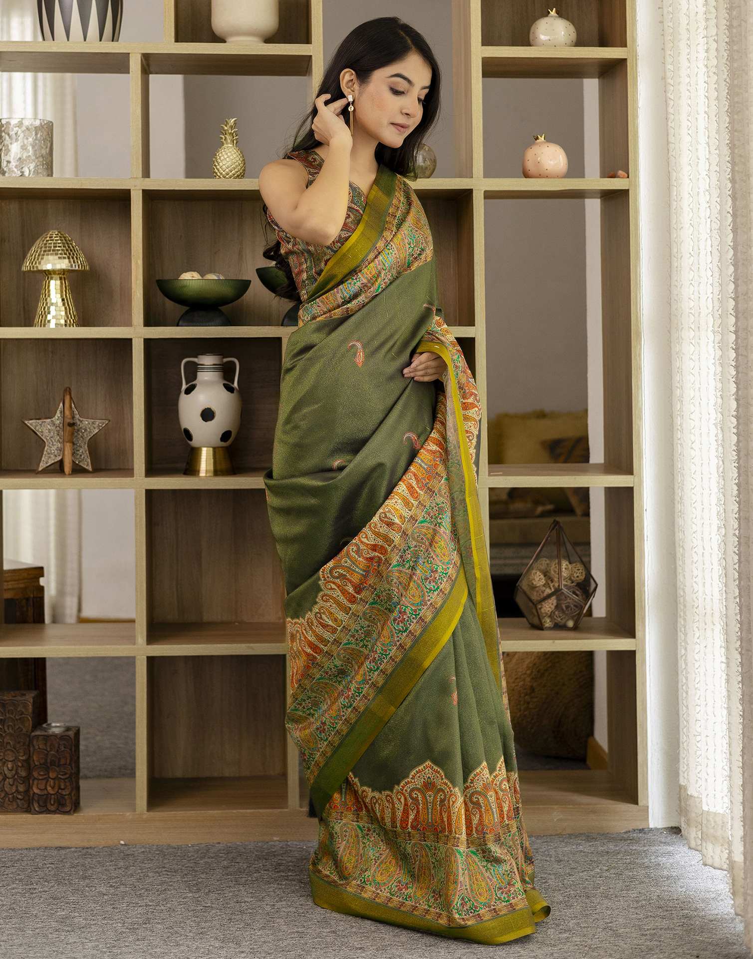 Dark Grey Shimmer Silk Printed Saree