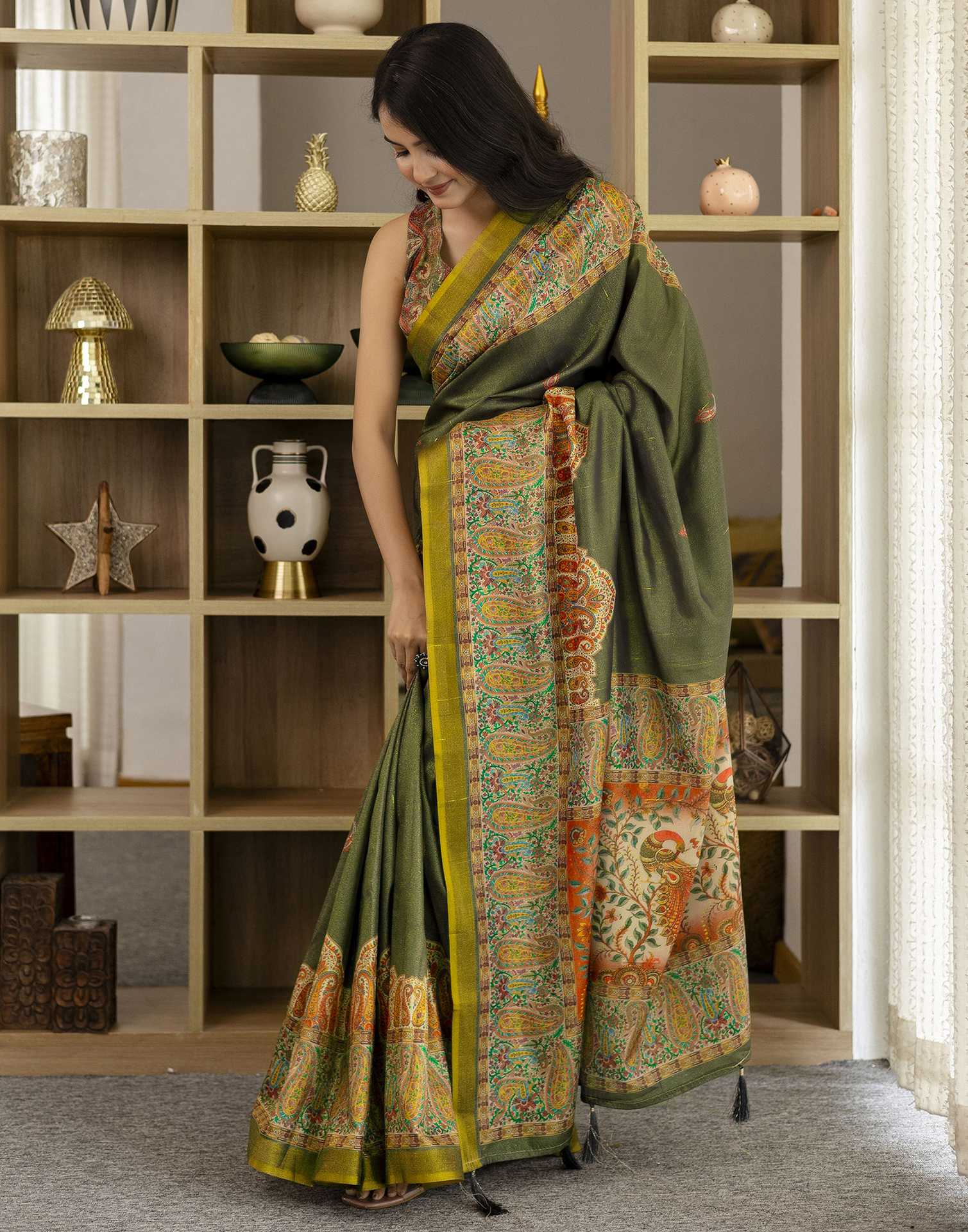 Dark Grey Shimmer Silk Printed Saree