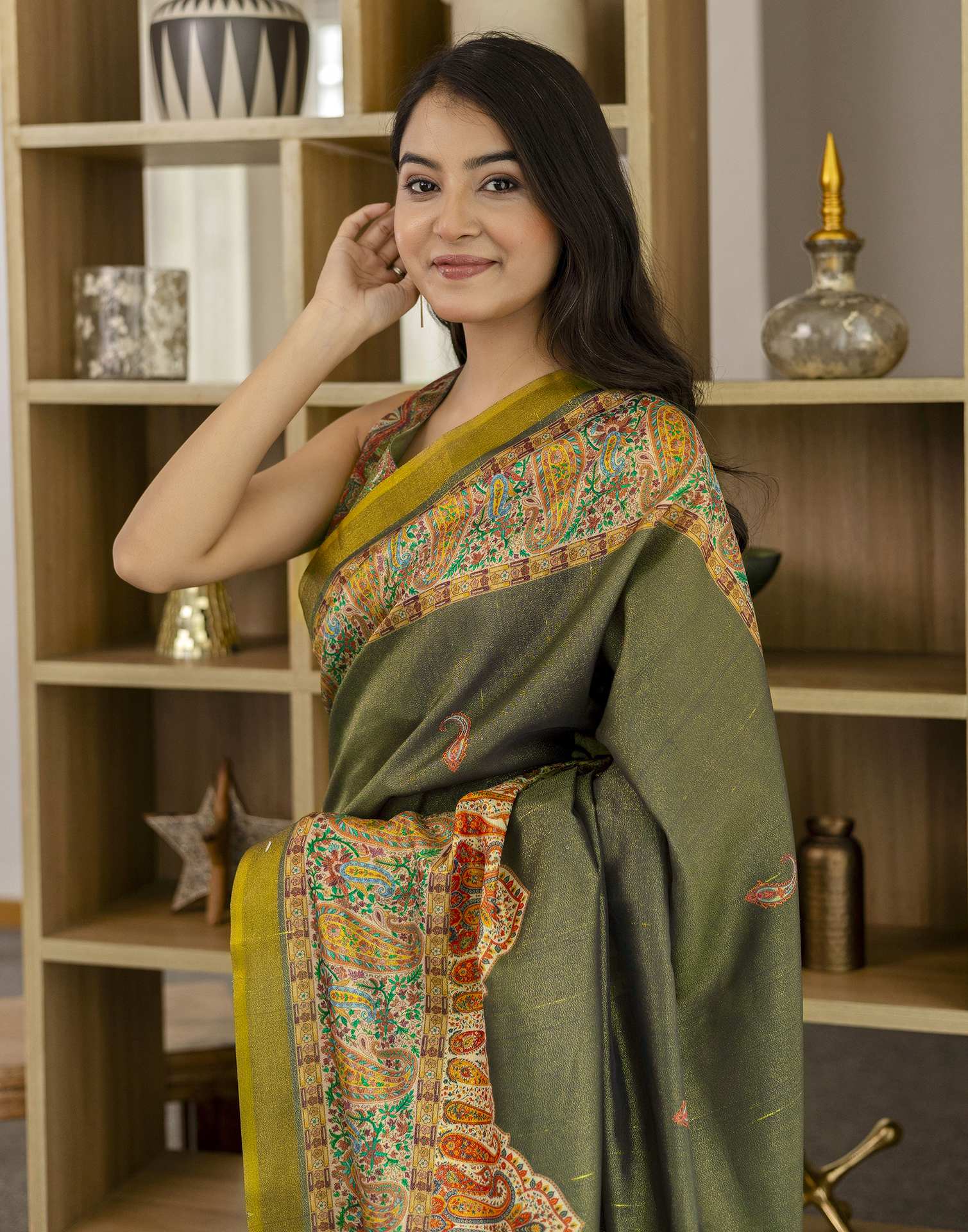Dark Grey Shimmer Silk Printed Saree