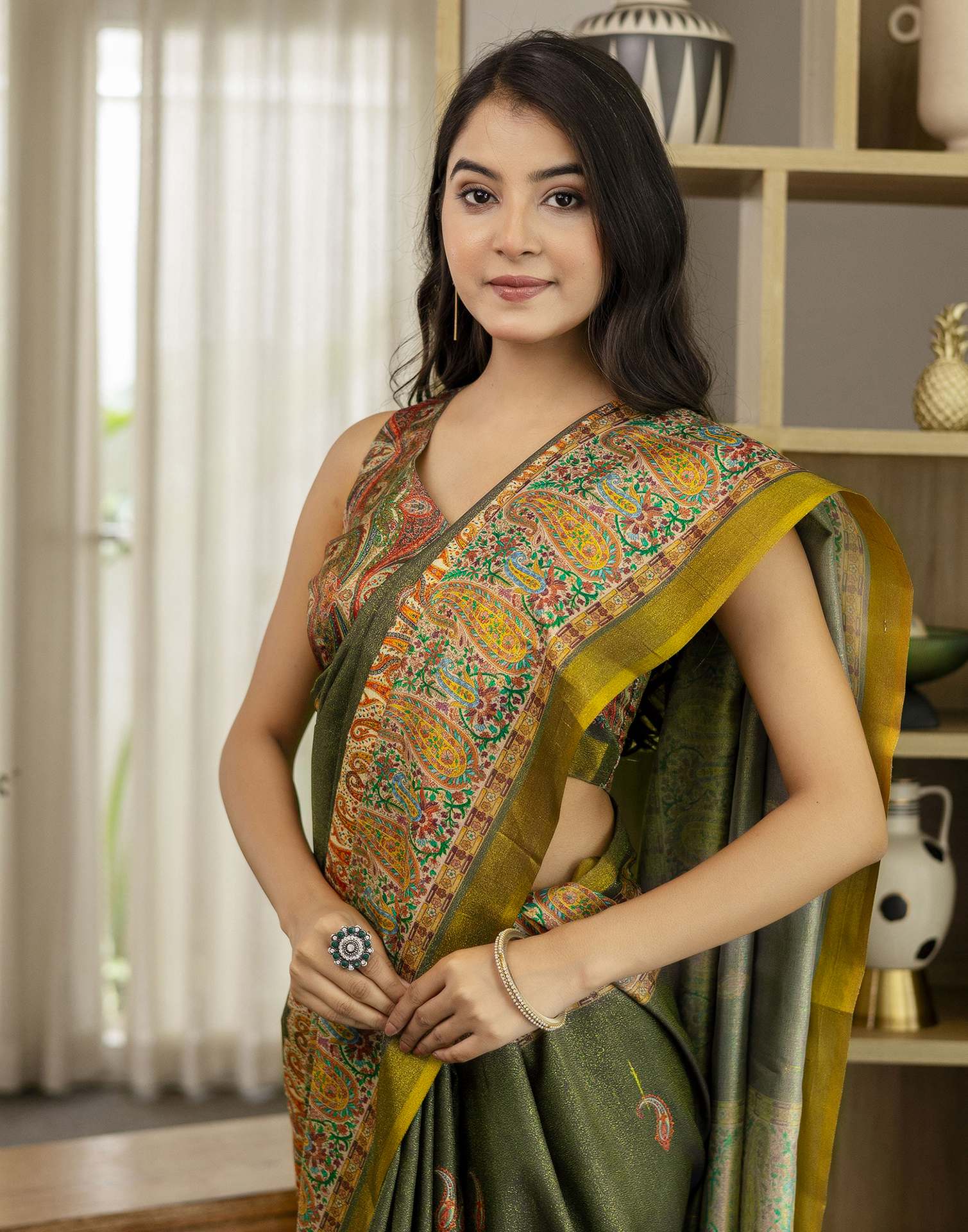 Dark Grey Shimmer Silk Printed Saree