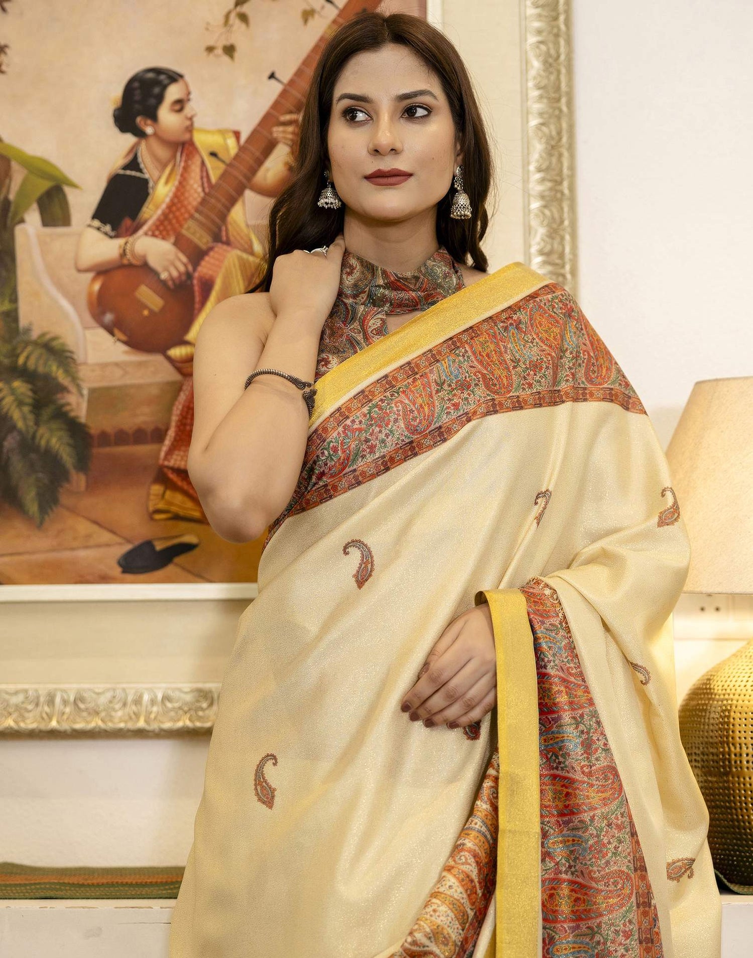 Cream Shimmer Silk Printed Saree
