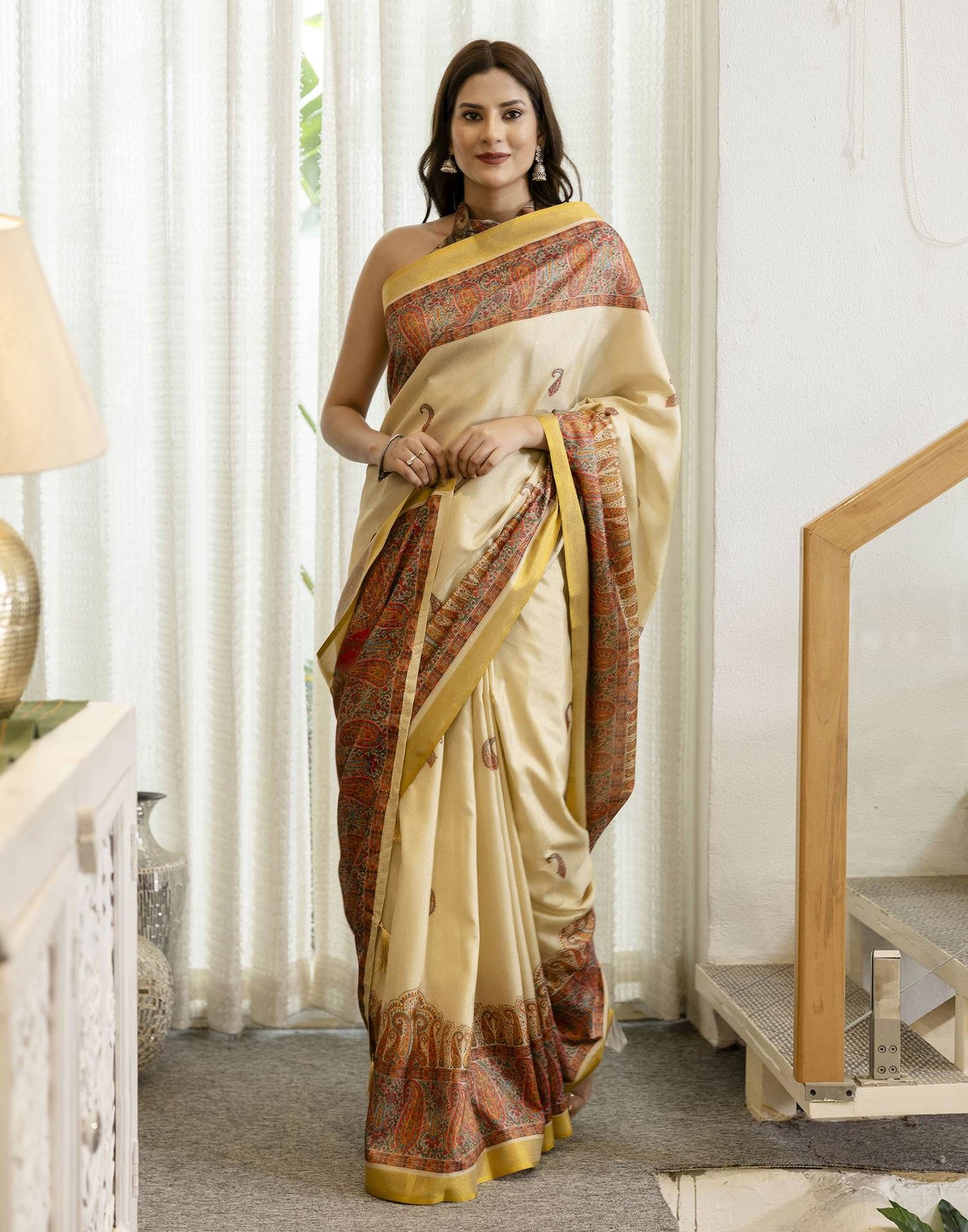 Cream Shimmer Silk Printed Saree