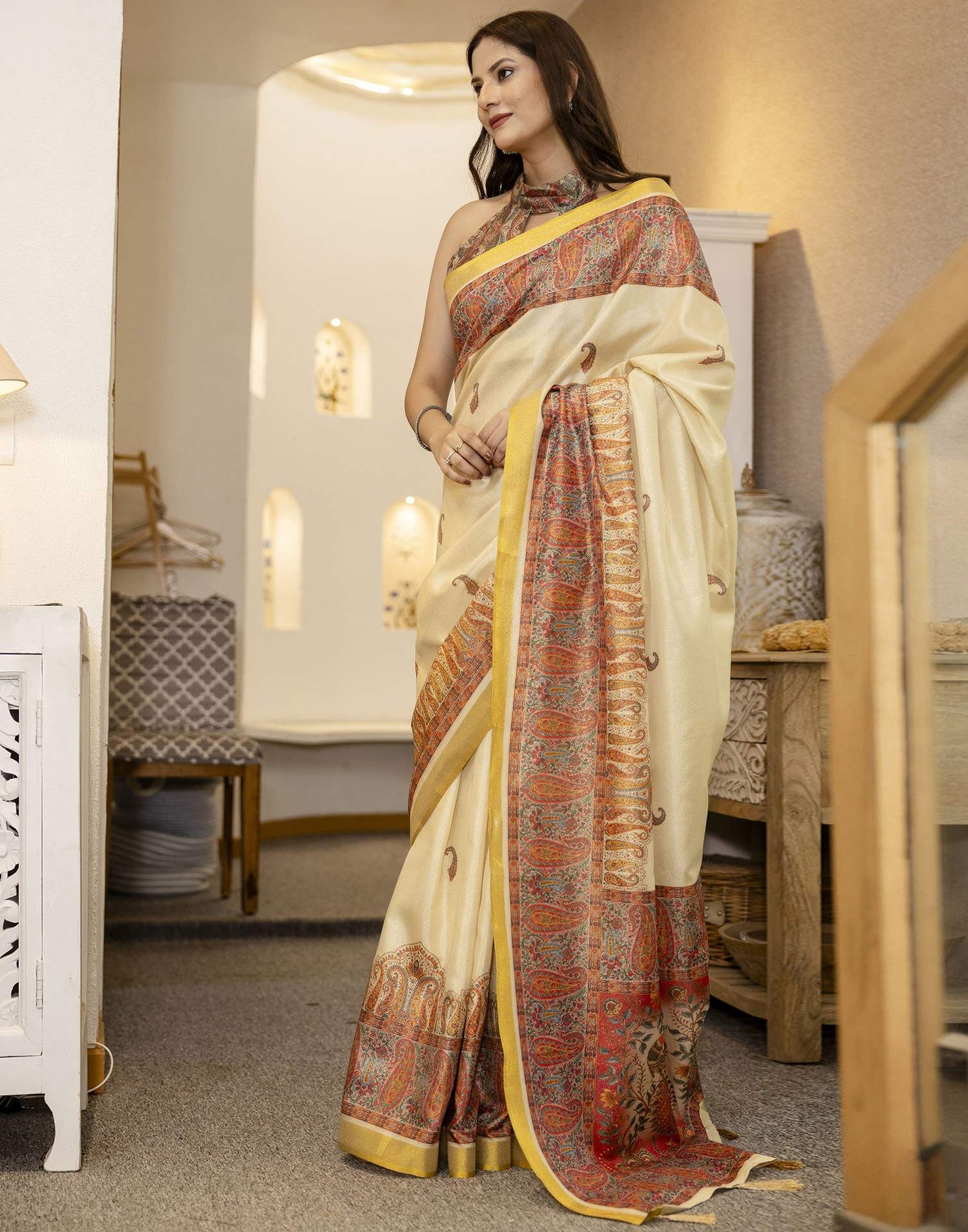 Cream Shimmer Silk Printed Saree