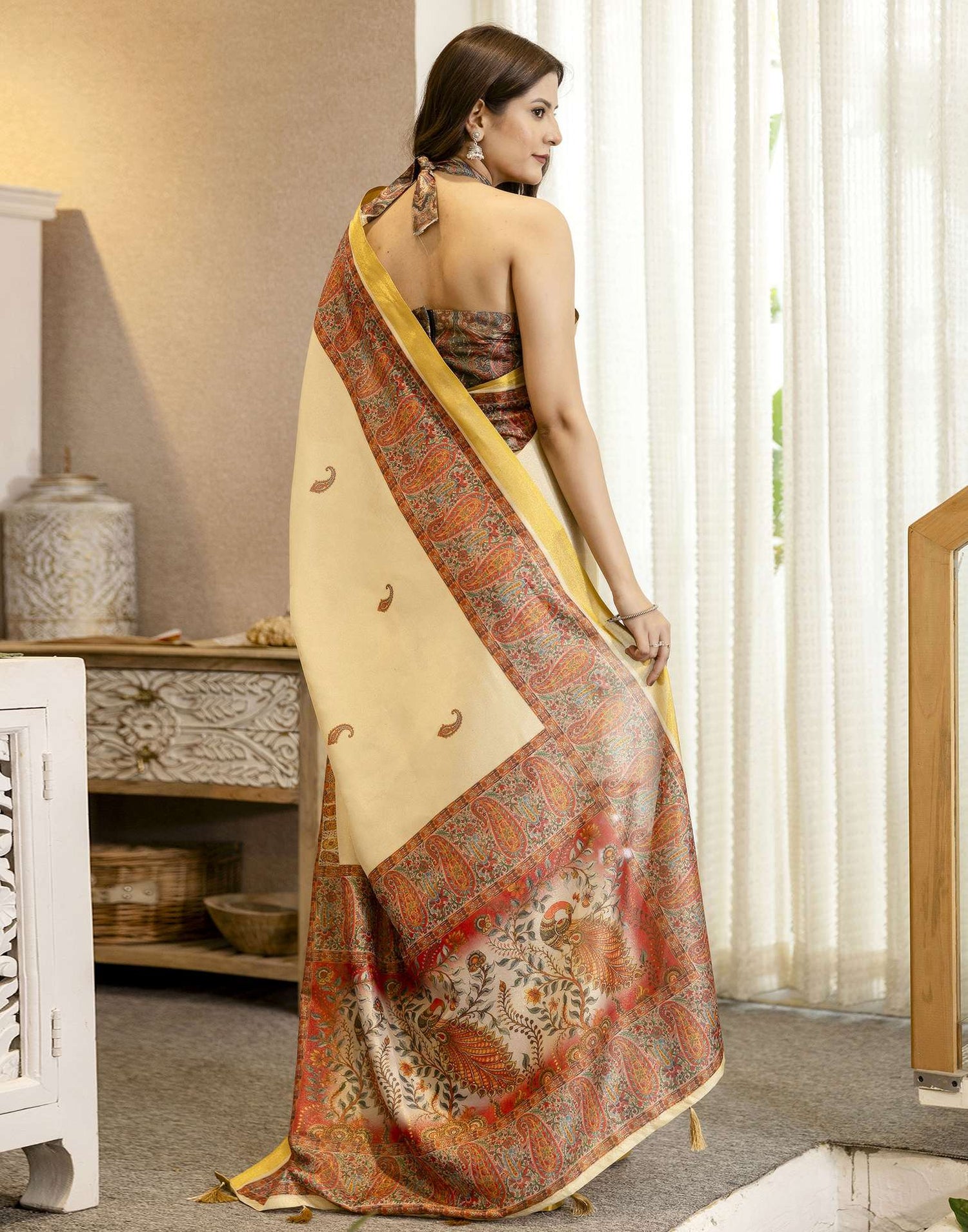 Cream Shimmer Silk Printed Saree