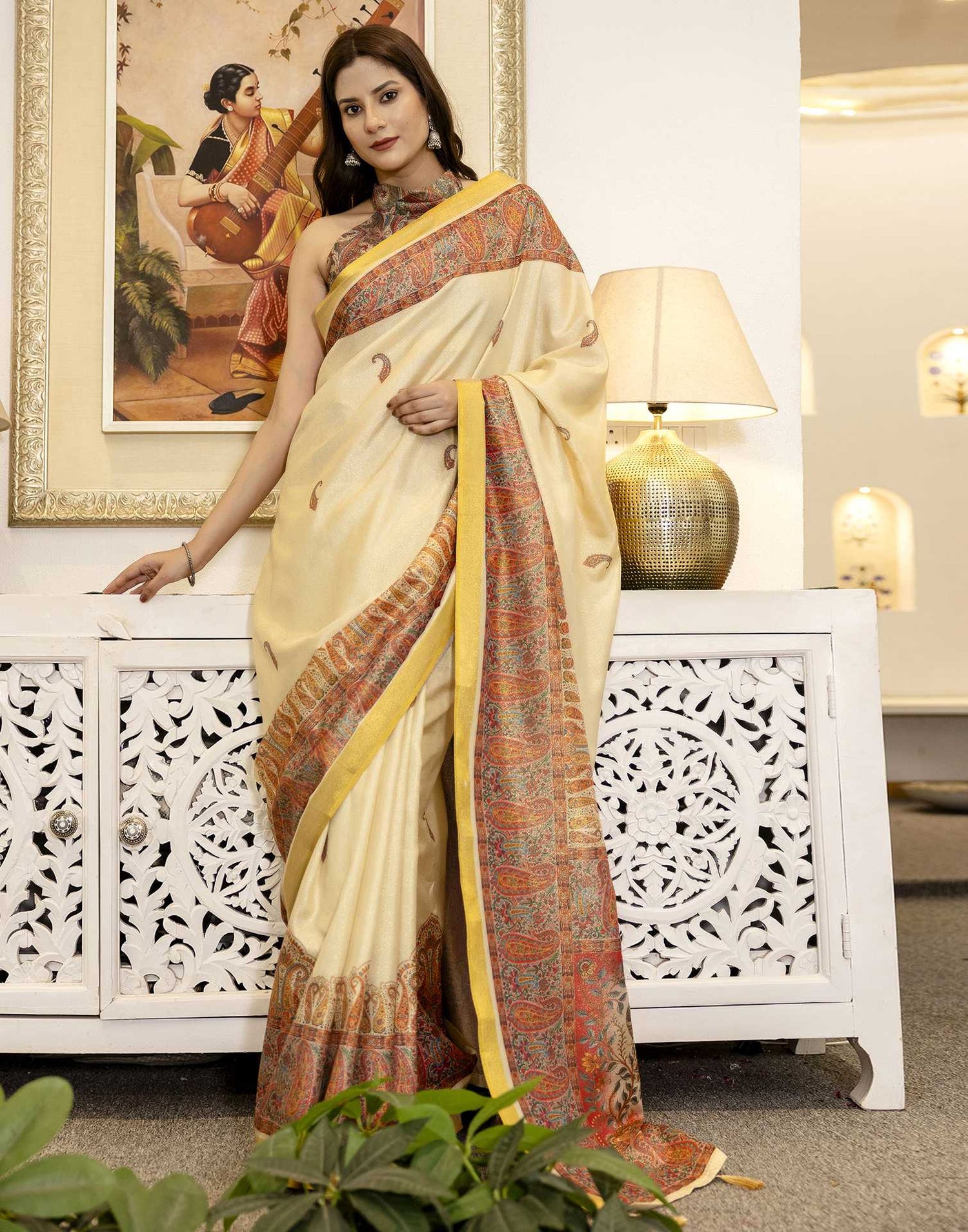 Cream Shimmer Silk Printed Saree