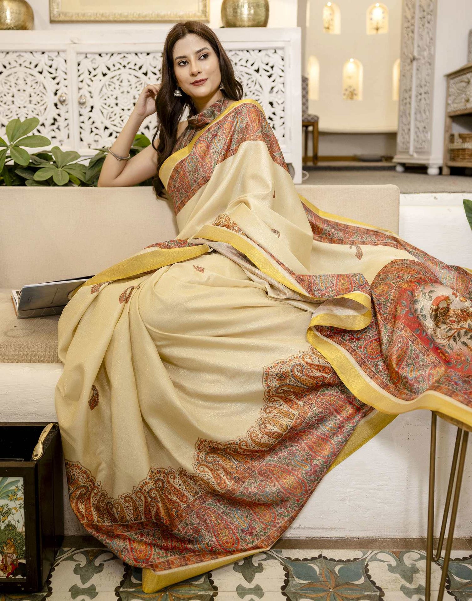 Cream Shimmer Silk Printed Saree