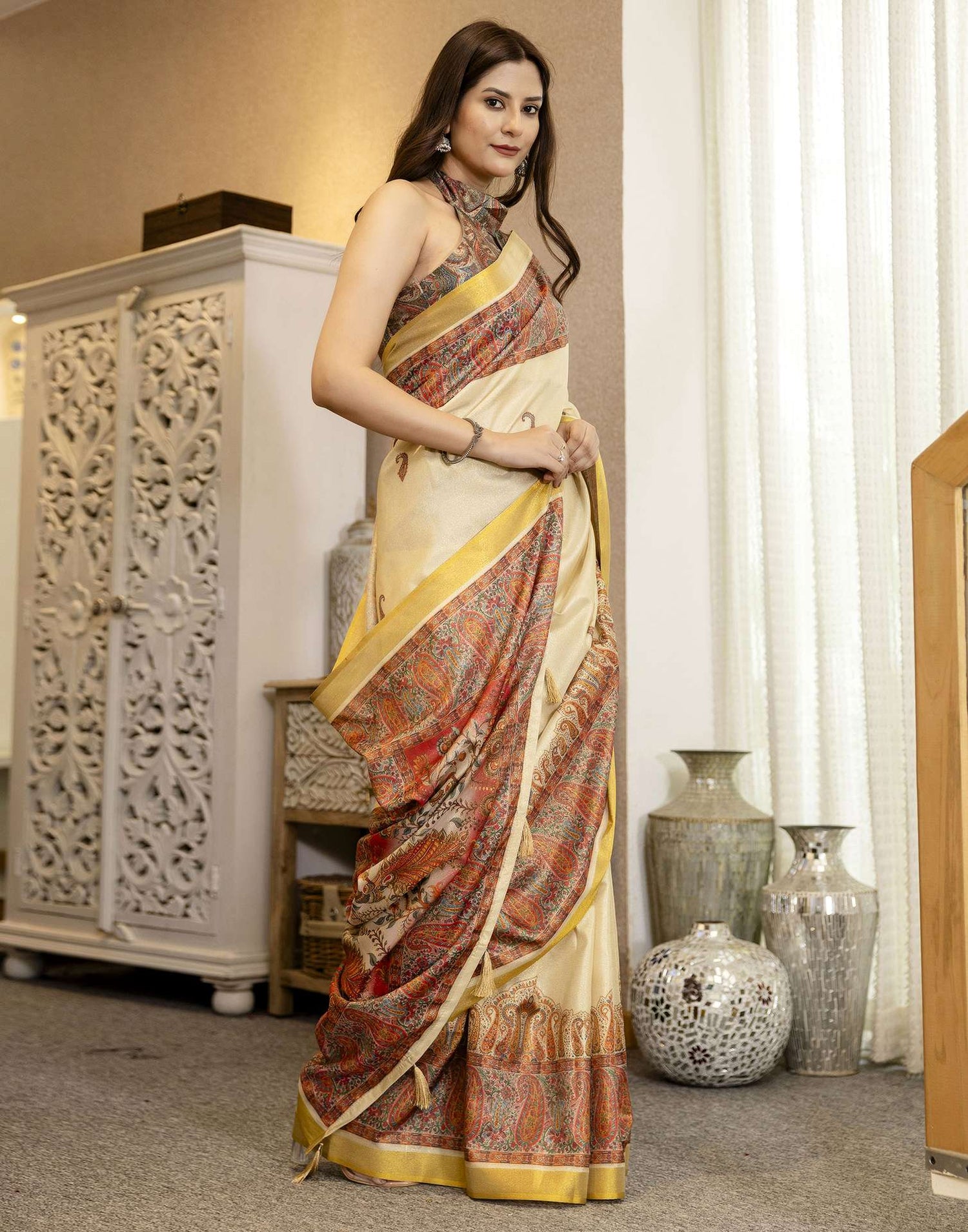 Cream Shimmer Silk Printed Saree