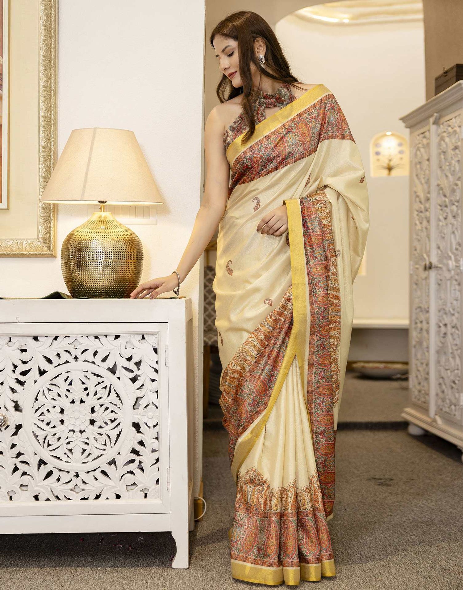 Cream Shimmer Silk Printed Saree