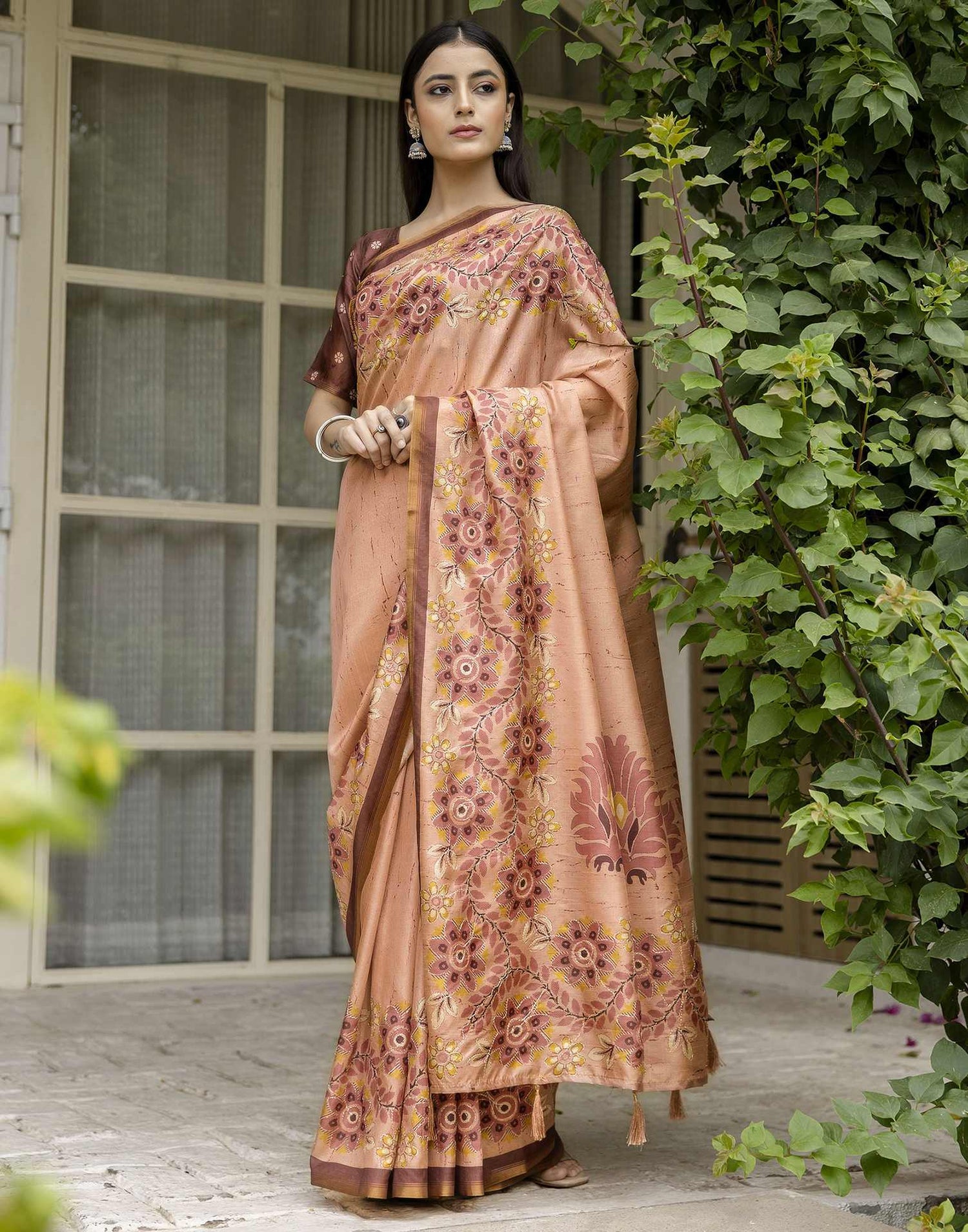 Light Brown Dola Silk Printed Saree