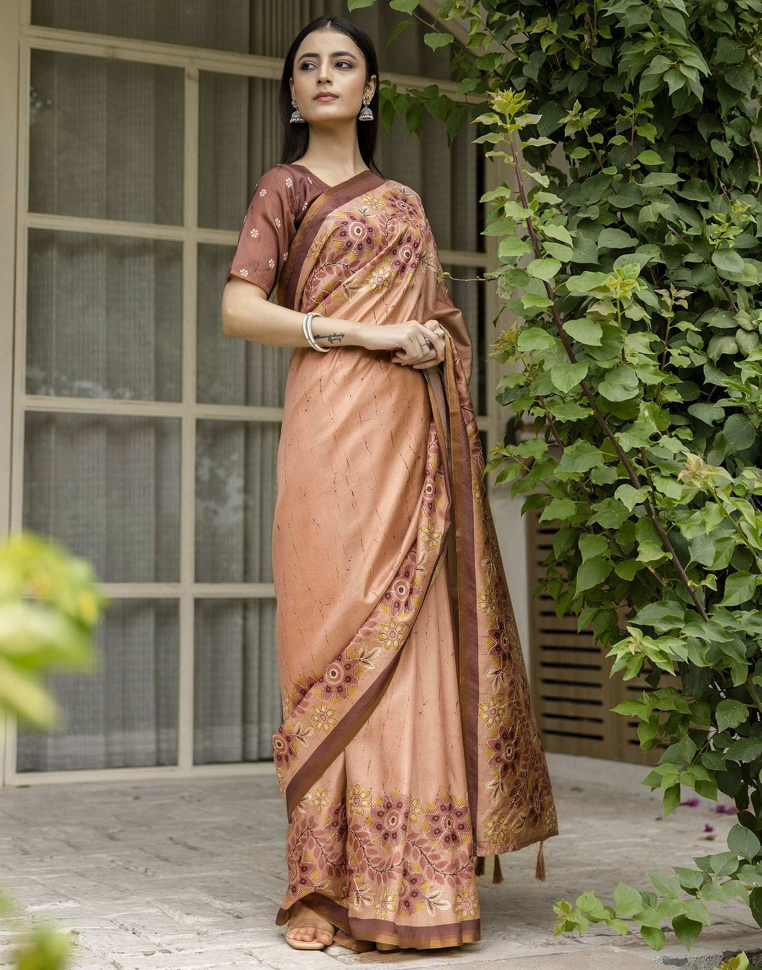 Light Brown Dola Silk Printed Saree