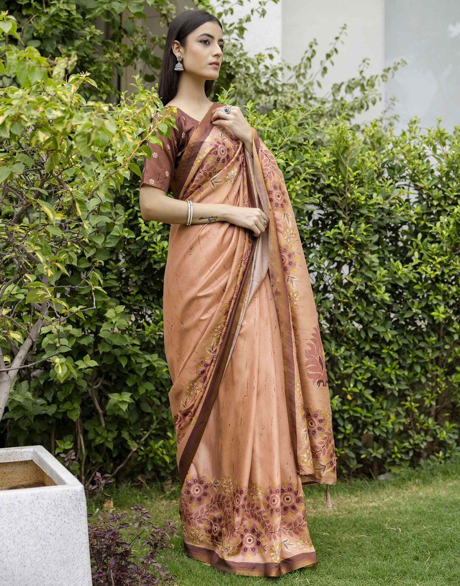 Light Brown Dola Silk Printed Saree