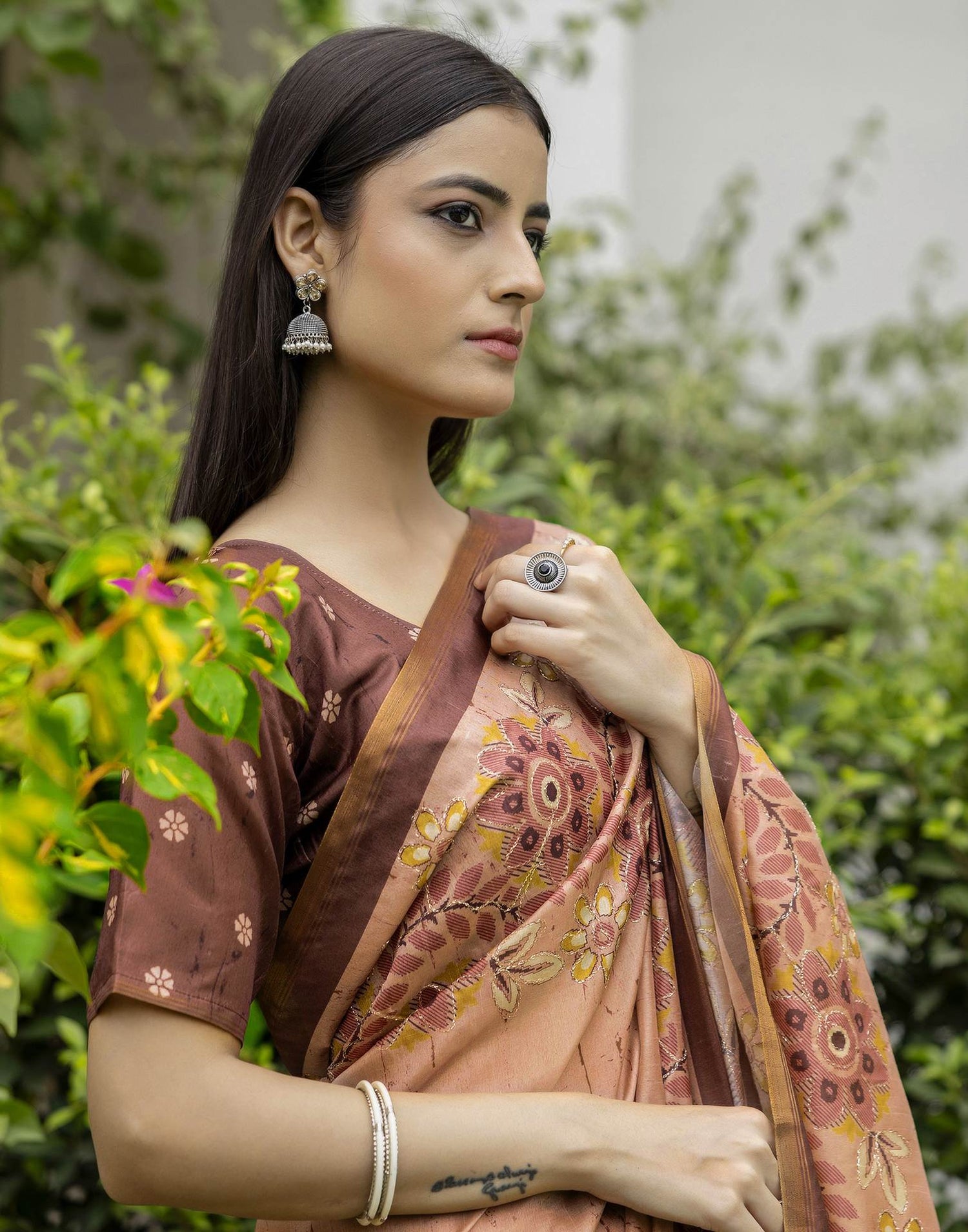 Light Brown Dola Silk Printed Saree
