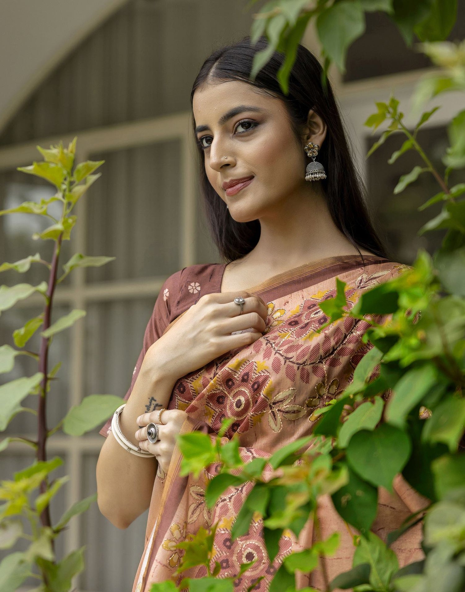Light Brown Dola Silk Printed Saree