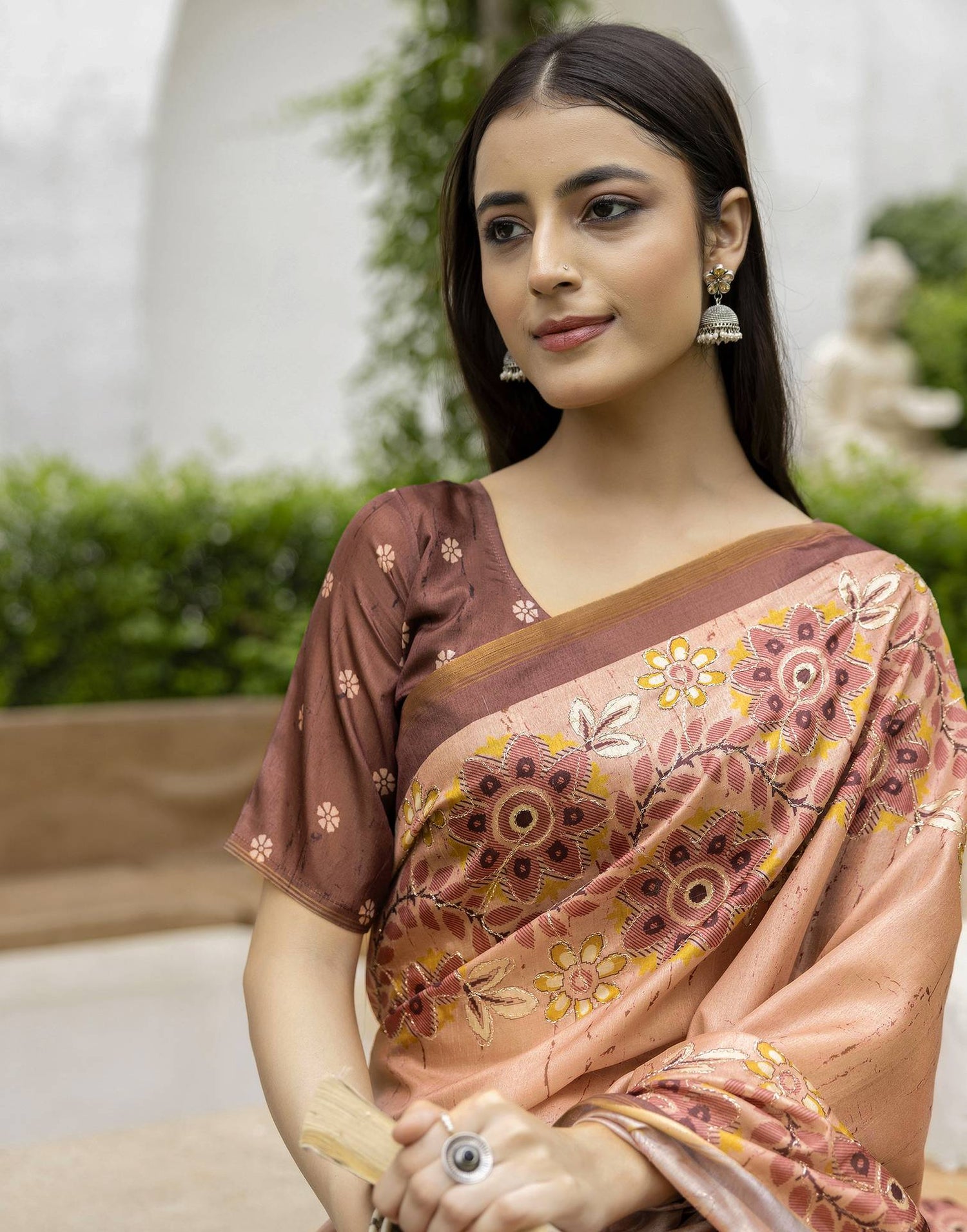 Light Brown Dola Silk Printed Saree