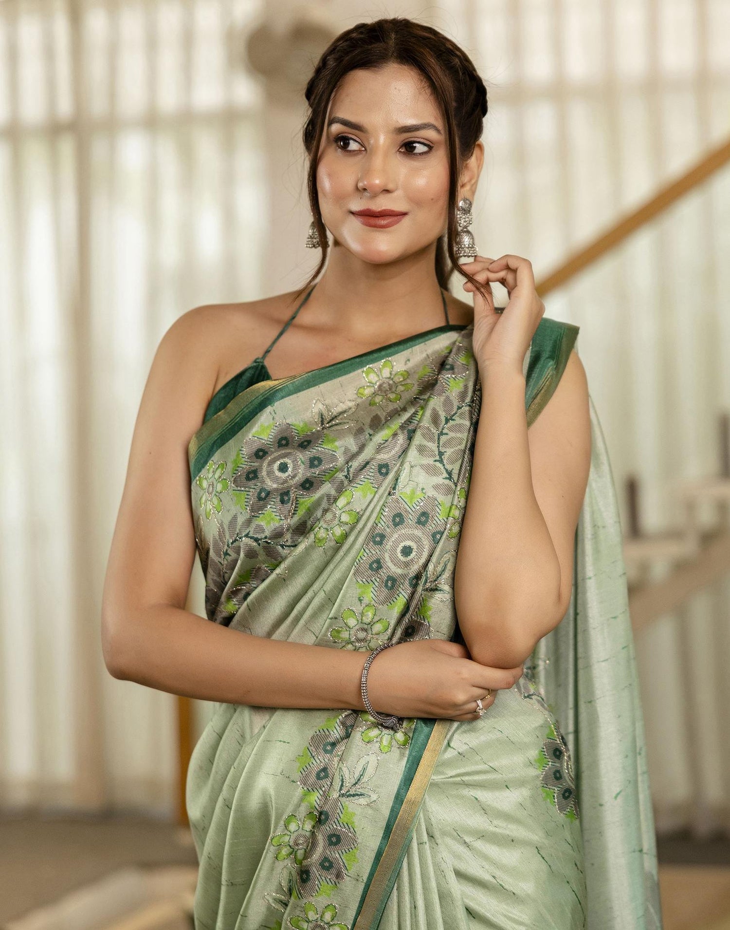 Pista Green Dola Silk Printed Saree