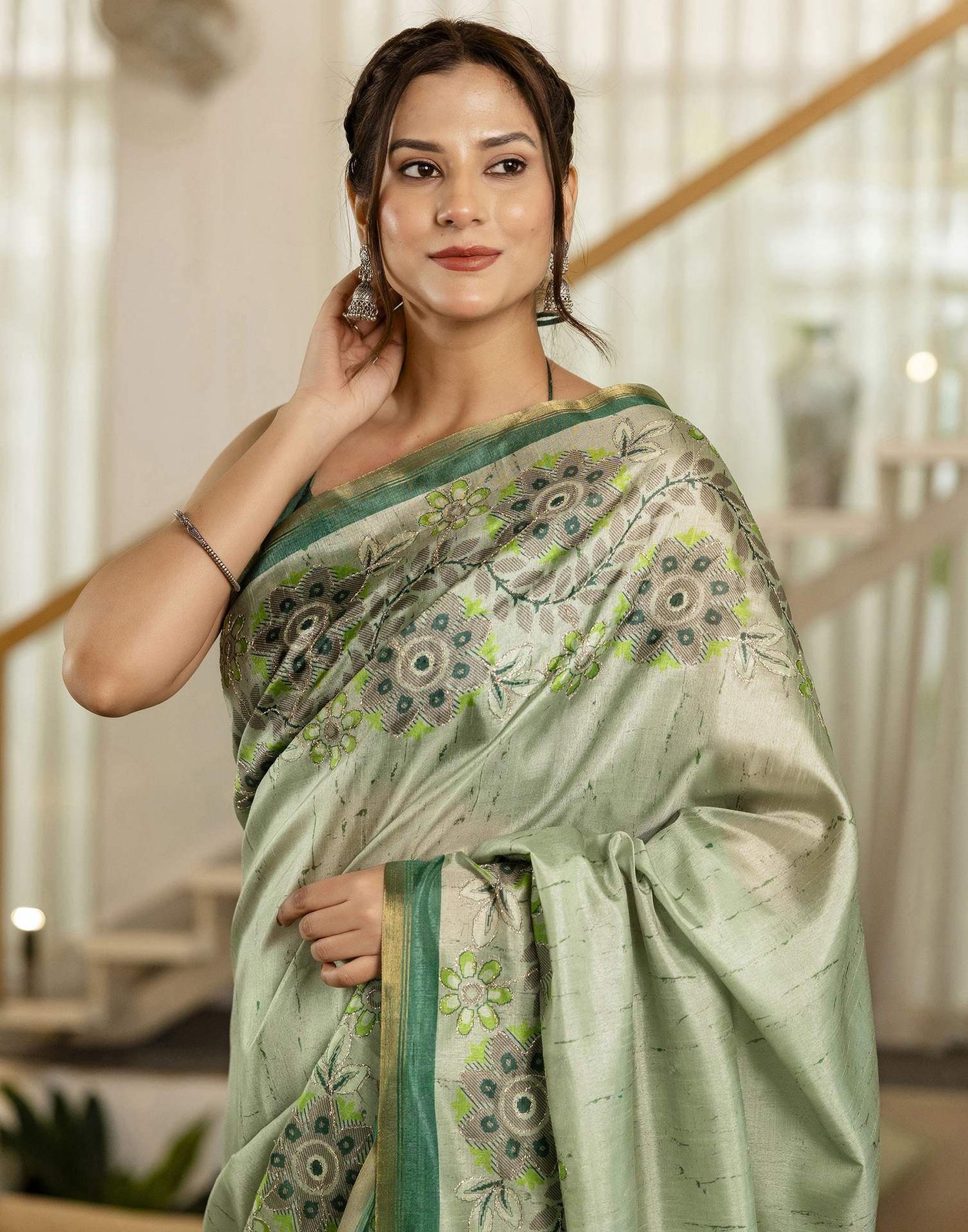 Pista Green Dola Silk Printed Saree