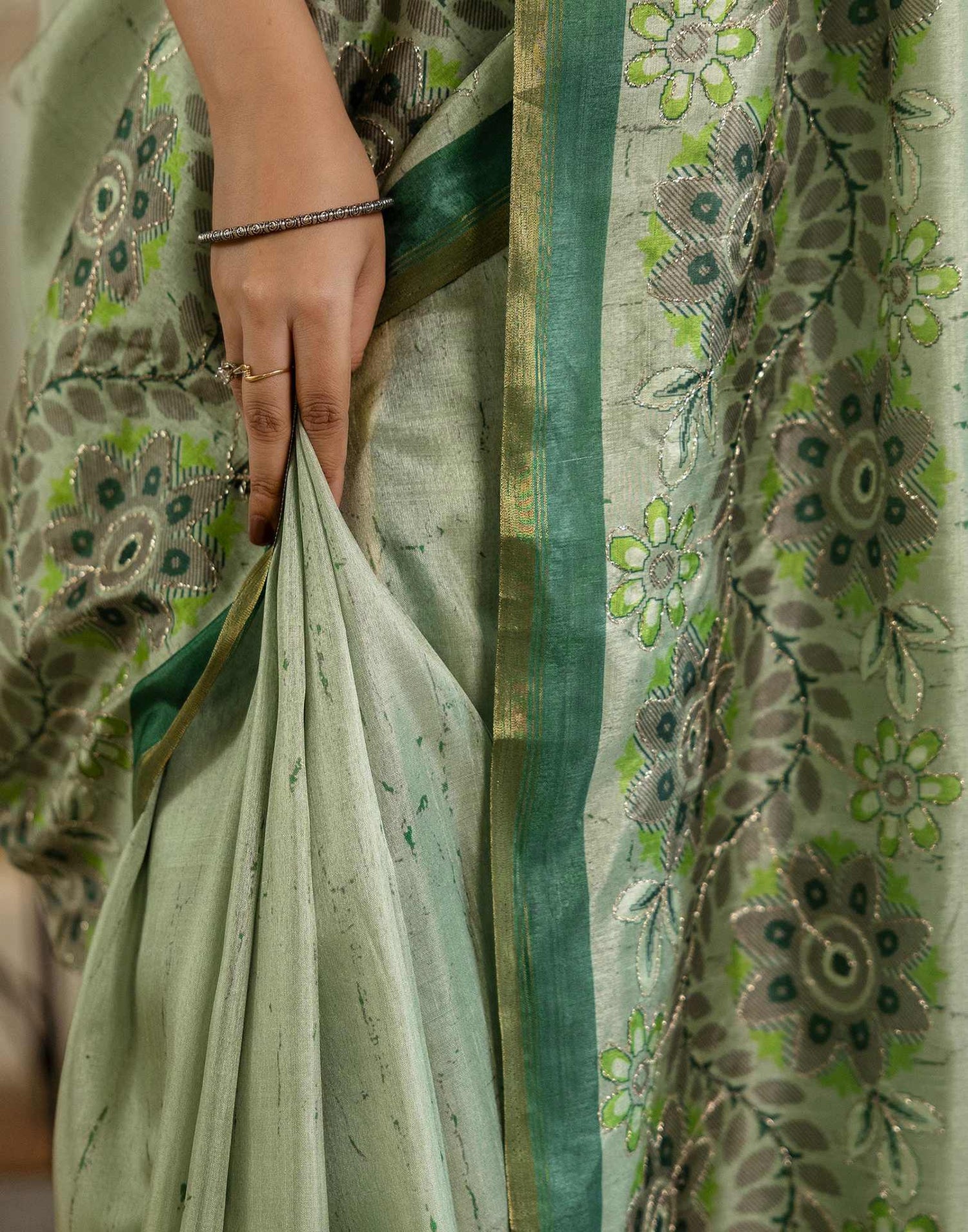 Pista Green Dola Silk Printed Saree