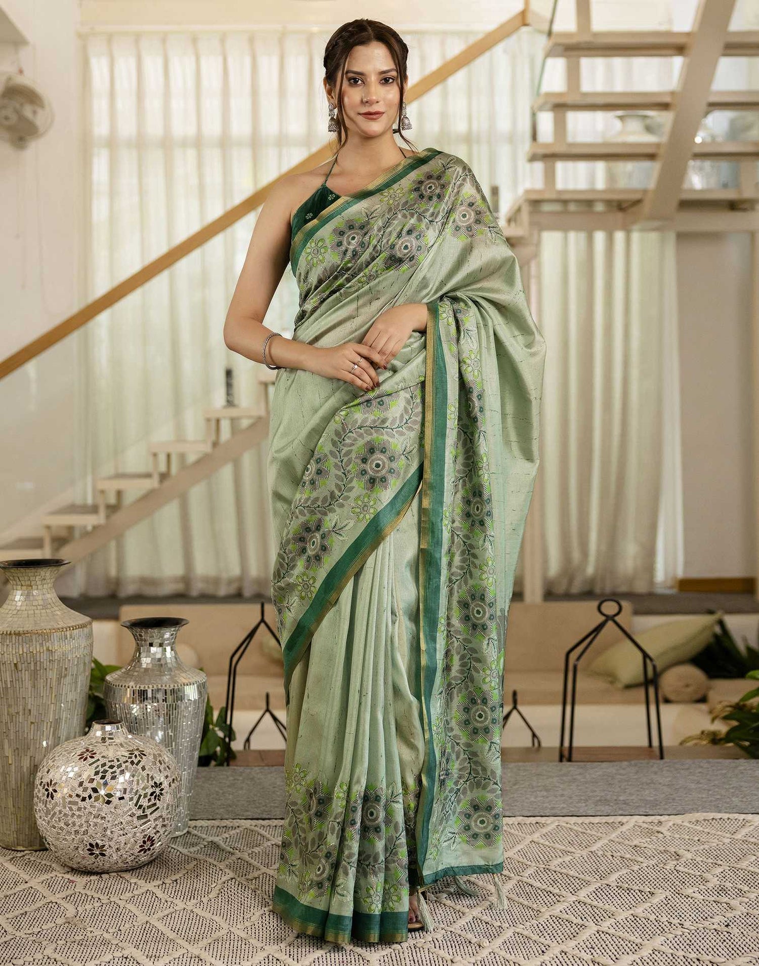 Pista Green Dola Silk Printed Saree