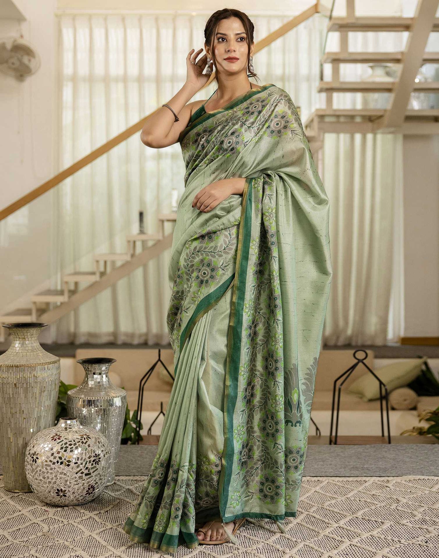 Pista Green Dola Silk Printed Saree