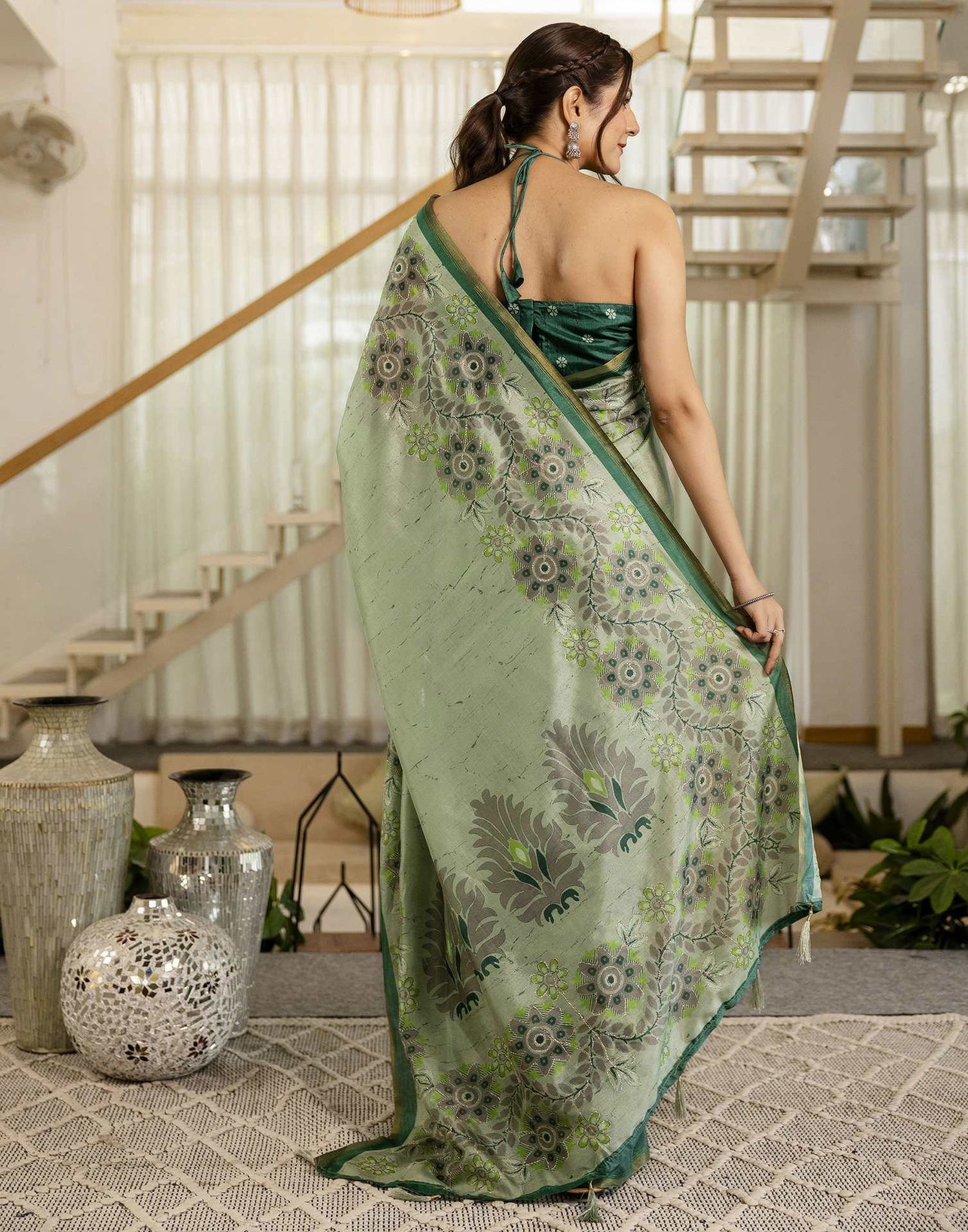Pista Green Dola Silk Printed Saree