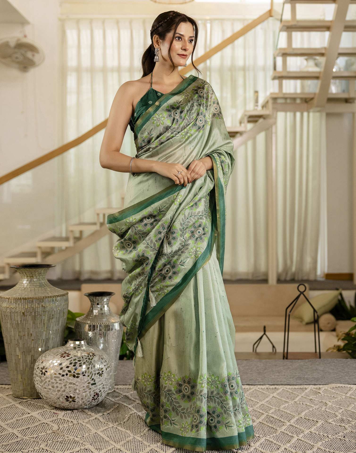Pista Green Dola Silk Printed Saree