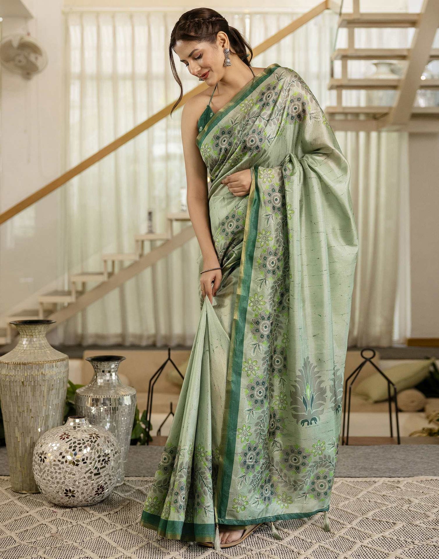 Pista Green Dola Silk Printed Saree