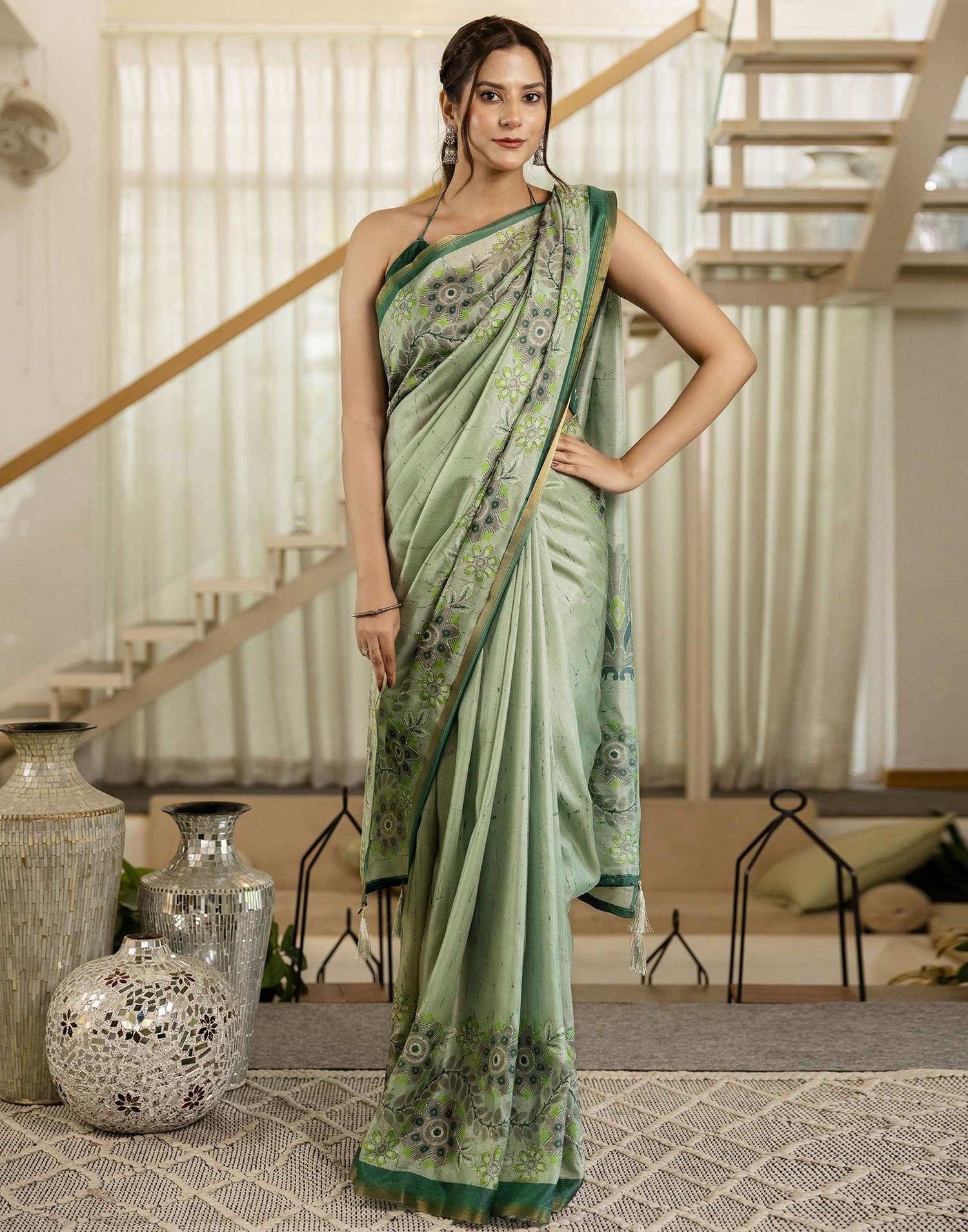 Pista Green Dola Silk Printed Saree