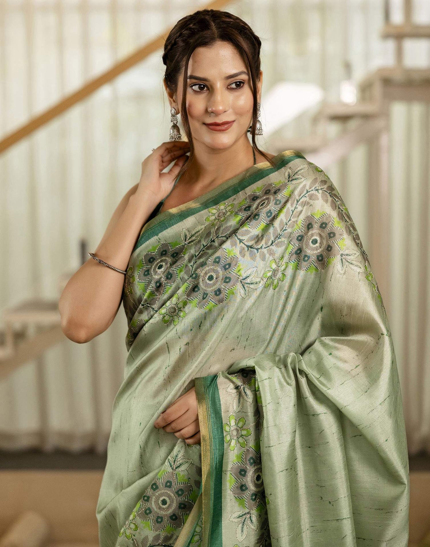 Pista Green Dola Silk Printed Saree