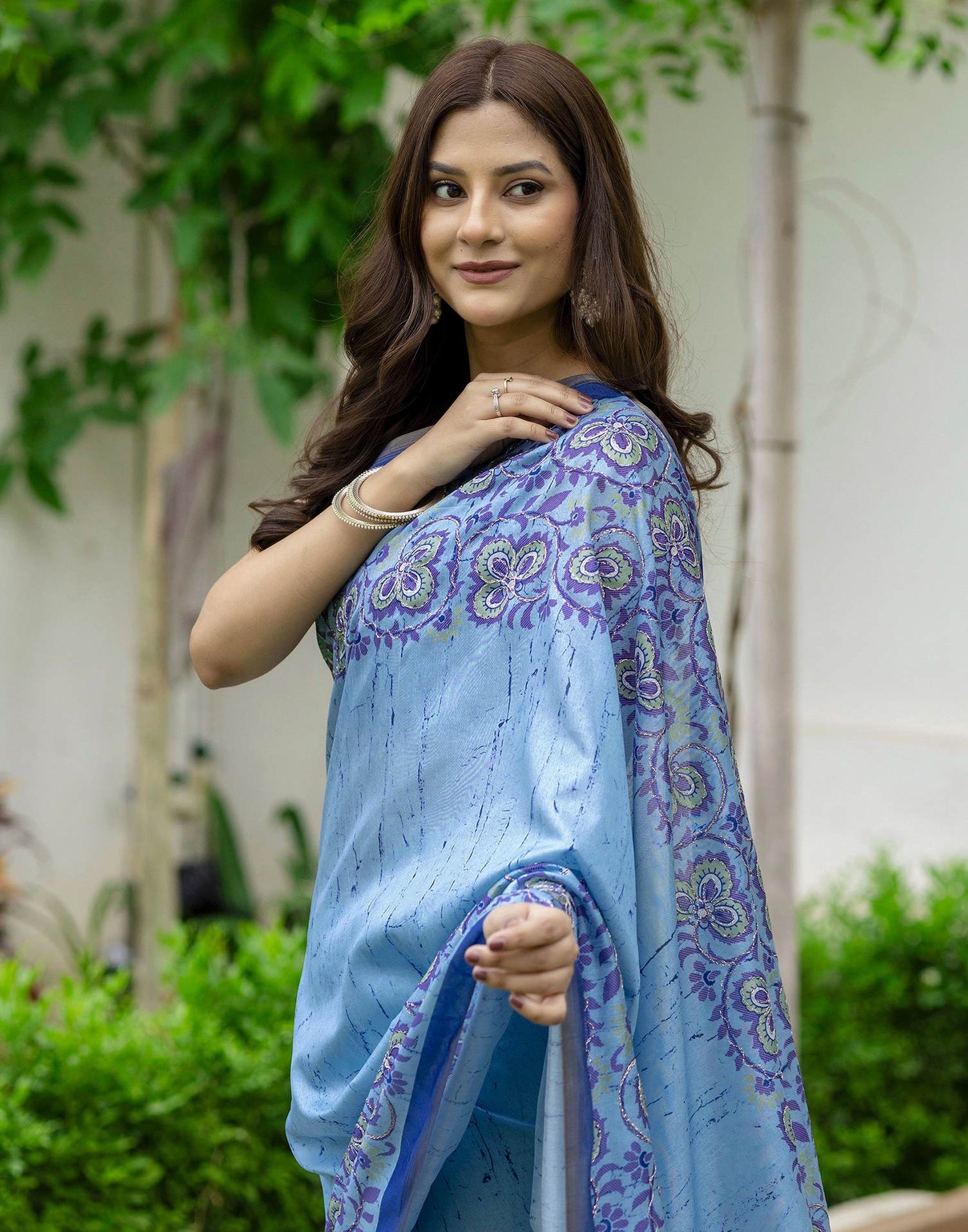 Blue Dola Silk Printed Saree