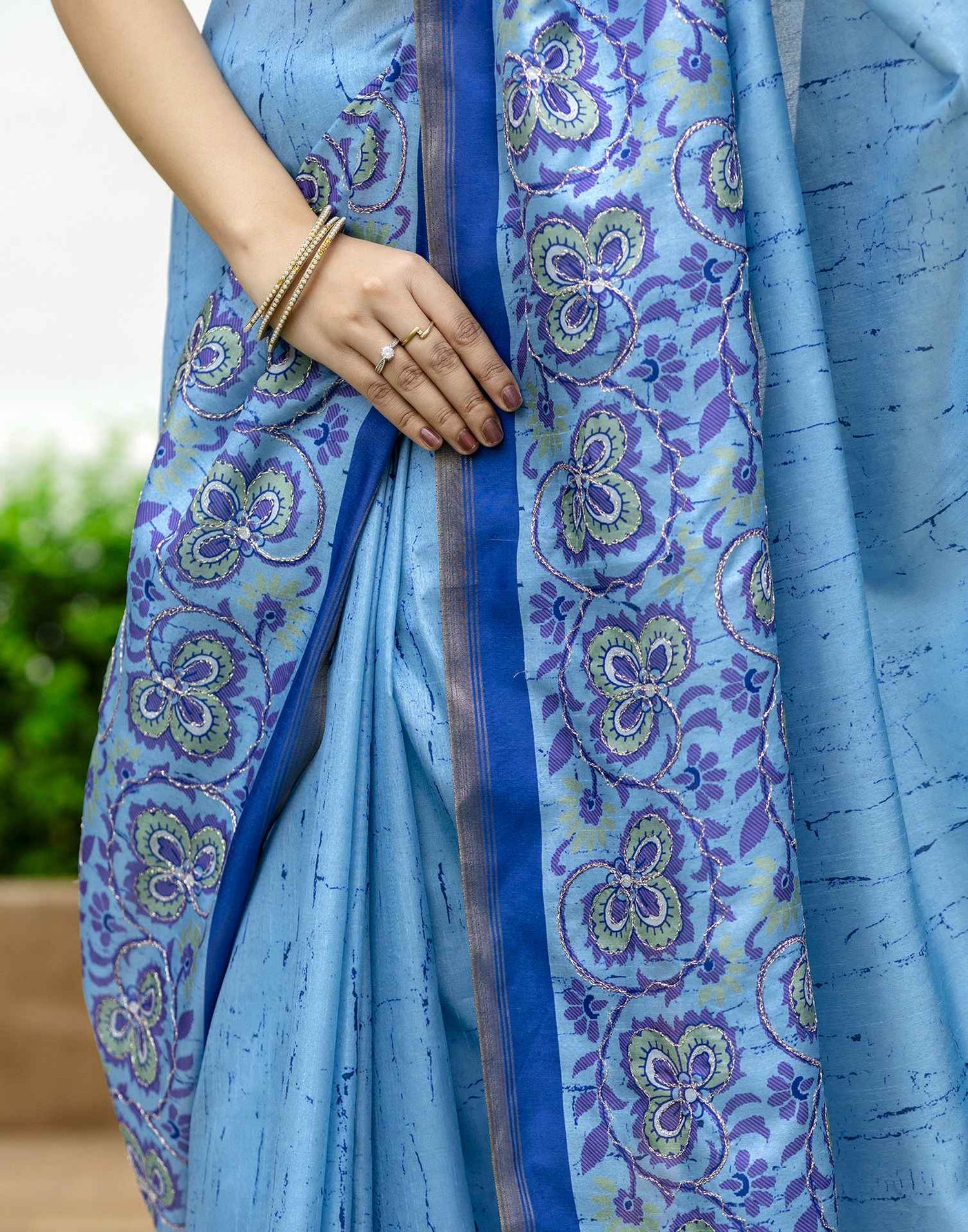 Blue Dola Silk Printed Saree