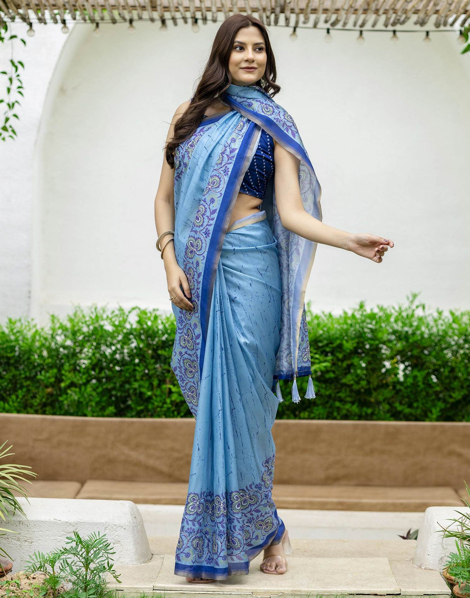 Blue Dola Silk Printed Saree