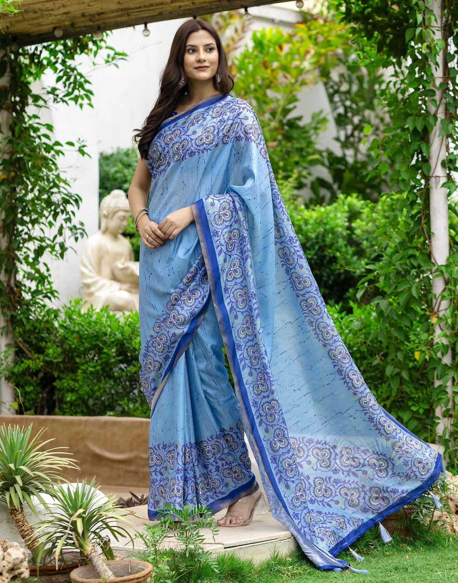 Blue Dola Silk Printed Saree