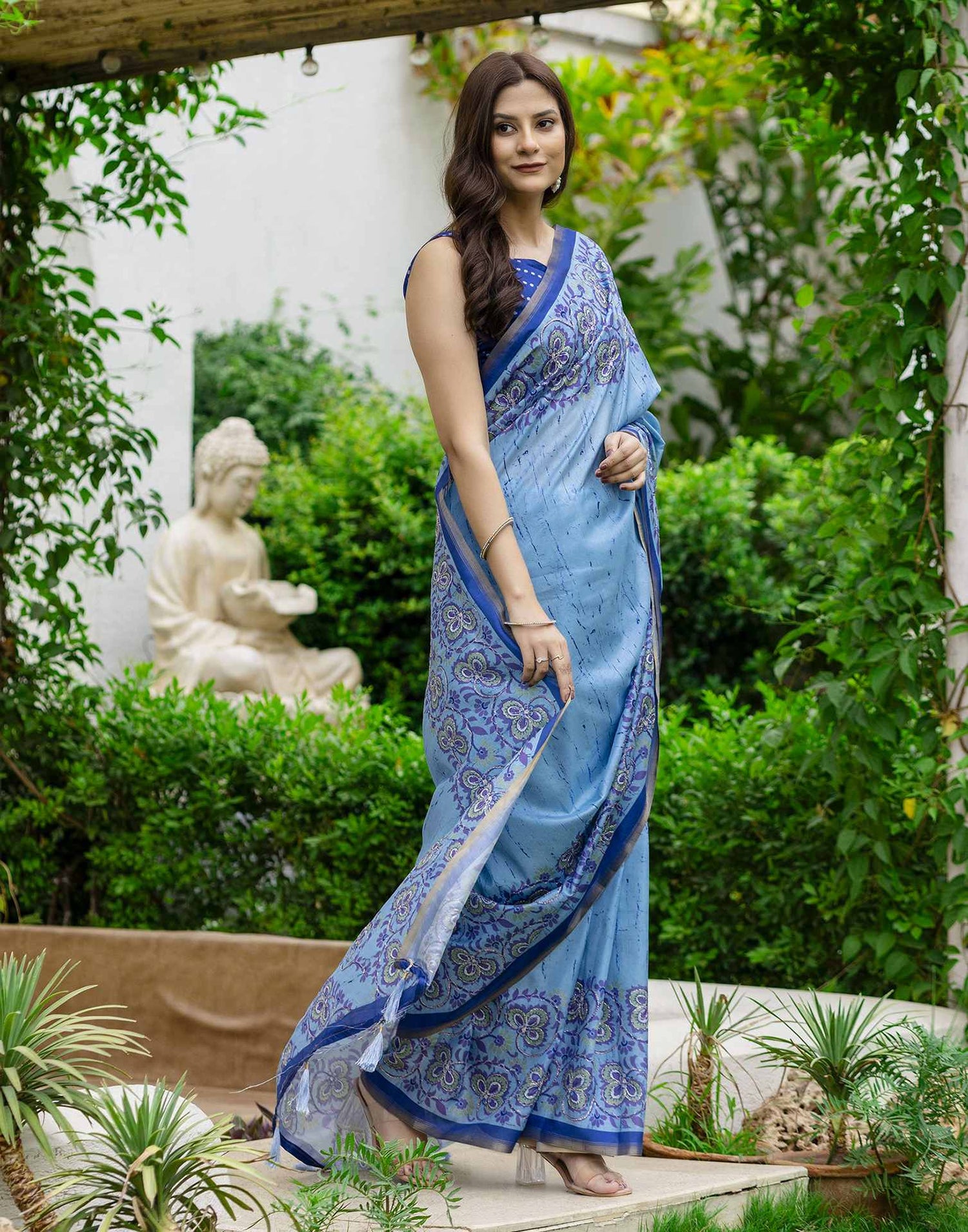 Blue Dola Silk Printed Saree