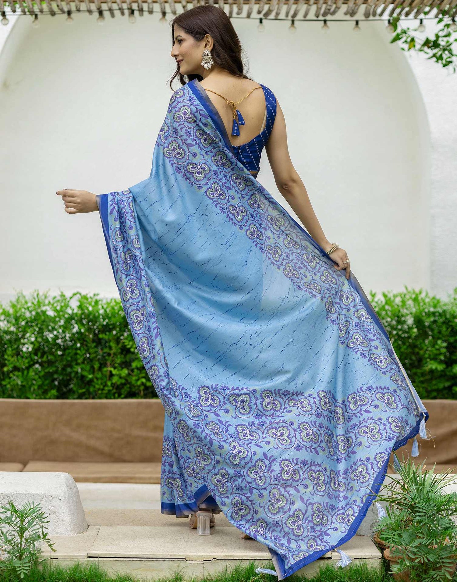 Blue Dola Silk Printed Saree