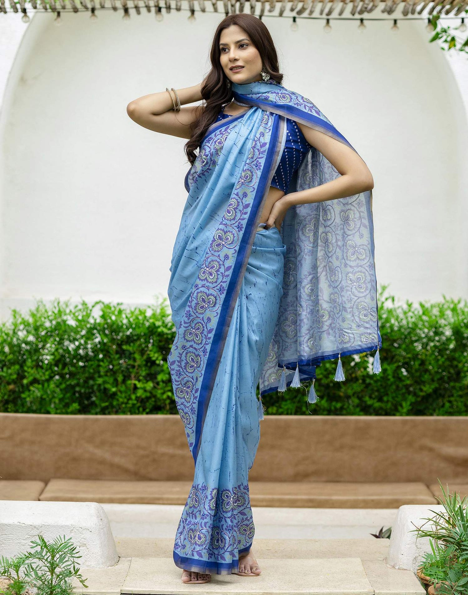 Blue Dola Silk Printed Saree